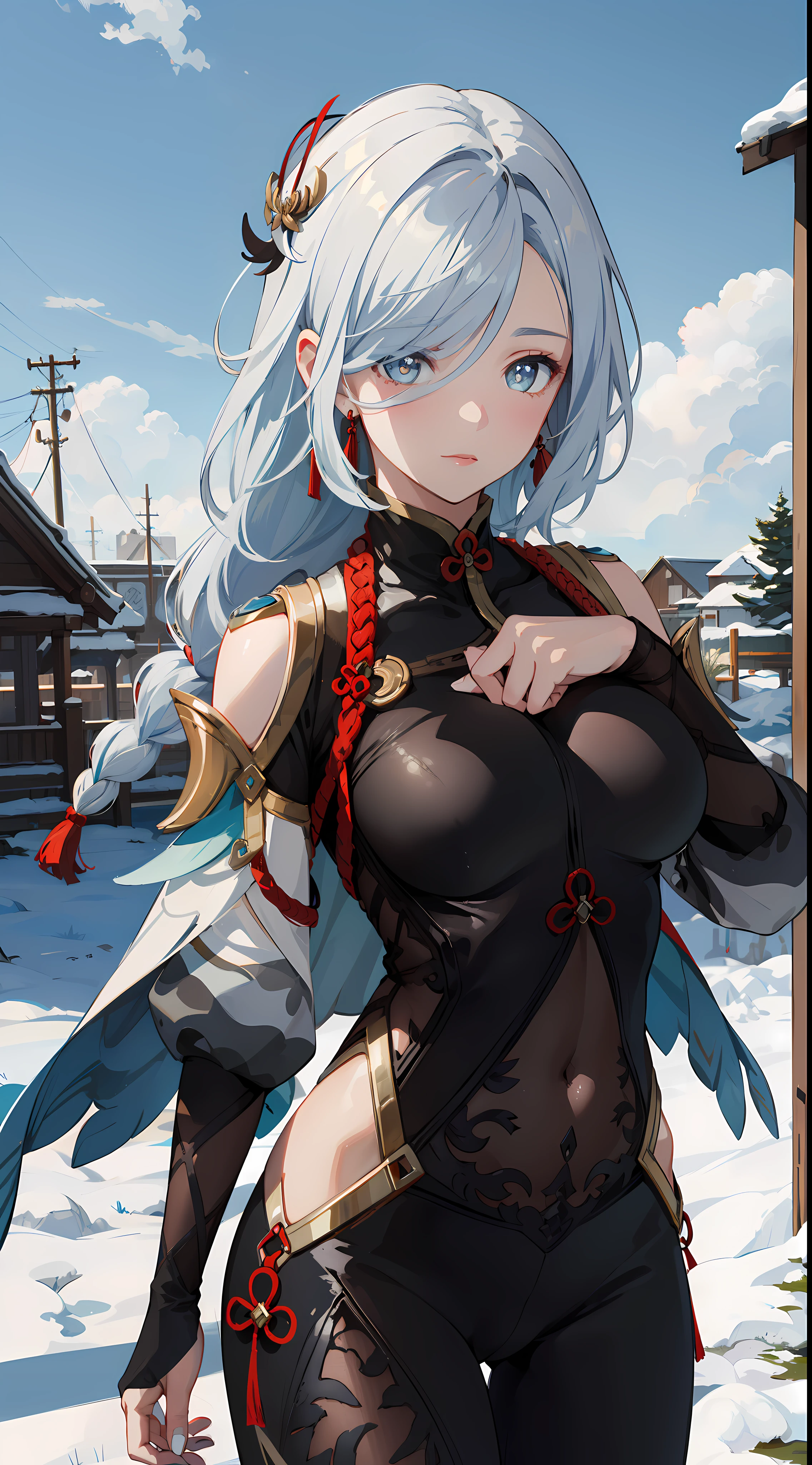 shenhedef, upper body, seductive look, blush, outdoors, snowflake scenery, looking at viewer, cloudy, moody lighting, (perfect detail eyes:1.2), glowing eyes, (long hair one braid:1.2), elemental skill effect, (Masterpiece, Best Quality, High Quality:1.4), professional artwork, Intricate Details, field of view, sharp focus, detailed painting, photorealistic lighting, trending on pixiv, (vivid lighting, vibrant colors:1.05), realistic shadows, ambient occlusion, (athletic body:1.3), mature woman, 30yo,