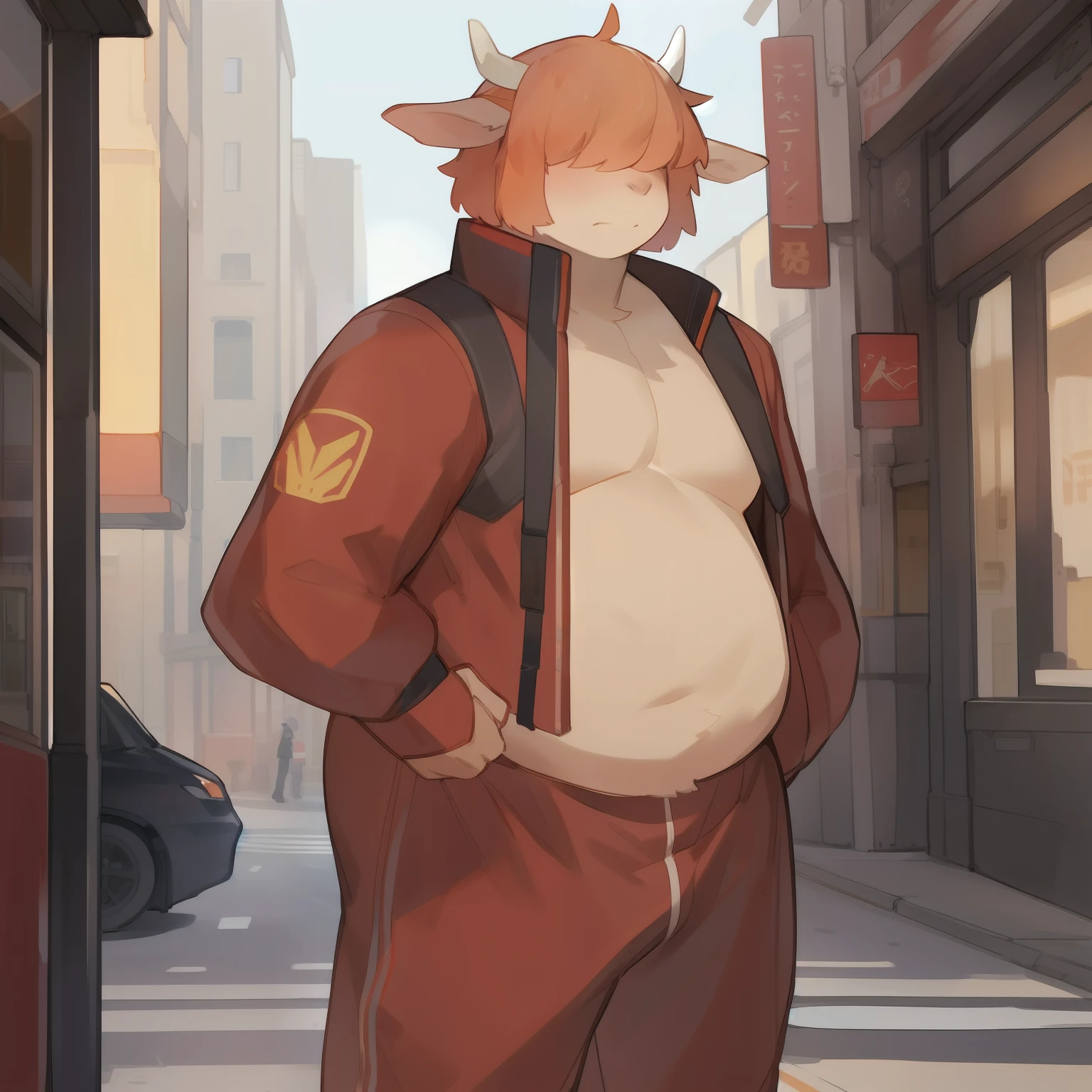 Solo, male, standing, slightly chubby, highland cow, hair covering eyes, orange hair, tan fur, tan body, ((by bebebebebe)), street, muscular, short hair, bangs, swept bangs, fringe, red military spacesuit
