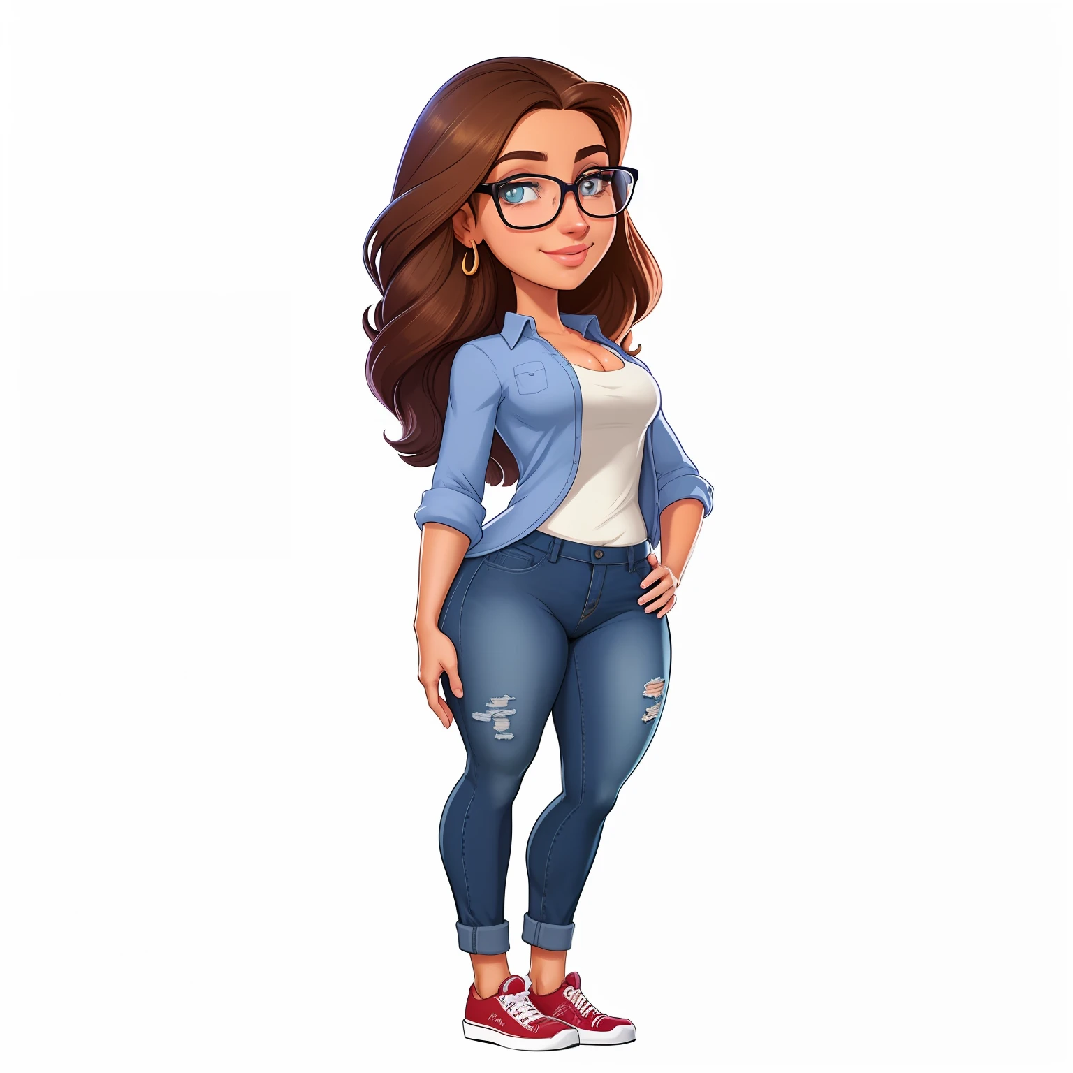 A cartoon girl in jeans and shirt standing with her hands on her hips wearing glasses, olhos castanho, rosto largo, wearing sneakers, Corpo gordinho, plus size, various poses official character art, retrato de personagem de corpo inteiro, Caractere estilizado, single character full body, Retrato de corpo inteiro do personagem, Pose casual, Personagem de corpo inteiro, full body single character, Personagem altamente detalhado, official character illustration, character render, Caractere mesclado, personagem feminina, arte detalhada do personagem, protagonista feminina