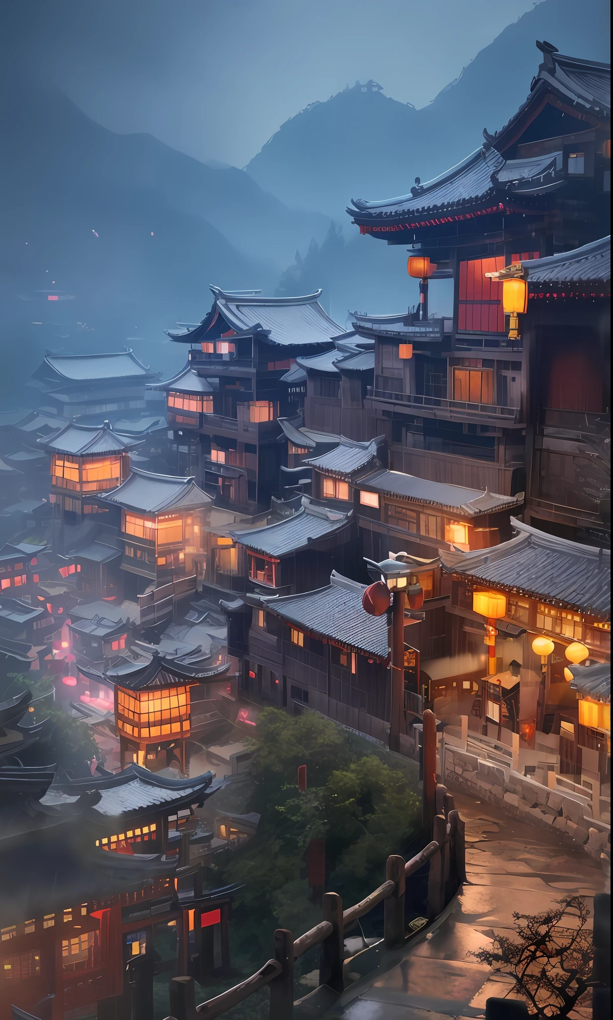 arafed view of a village with a lot of lights on the buildings, dreamy chinese town, chinese village, amazing wallpaper, japanese town, japanese village, hyper realistic photo of a town, old asian village, japanese city, by Raymond Han, rainy evening, cyberpunk chinese ancient castle, beautifully lit buildings, at evening during rain, beautiful and aesthetic, photography, cinematic, 8k, high detailed ((Heavy rain)))