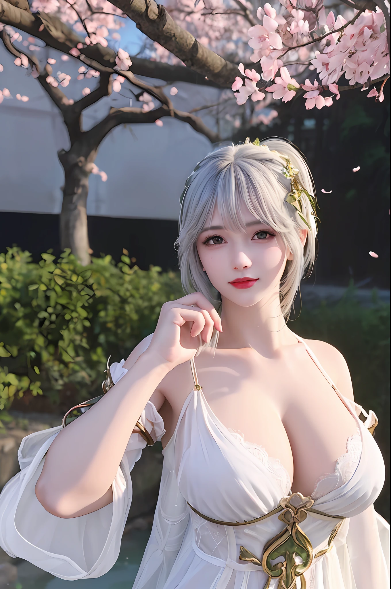delicated best quality ,masterpiece, illustration, an extremely delicate and beautiful, extremely detailed ,CG ,unity ,8k wallpaper, Amazing, finely detail, masterpiece,best quality,official art,extremely detailed CG unity 8k wallpaper, absurdres, incredibly absurdres, huge filesize , ultra-detailed, highres, extremely detailed,beautiful detailed girl, extremely detailed eyes and face, beautiful detailed eyes,light on face,1girl, (Nahida/genshin impact), (Super realistic), (((white hair))), (ponytail tied high to one side), (green eyes), (Detailed description of the eye), ((hair jewelry)), (((describe the arm in detail))), ((charming lingerie)), (((Super boobs))), (saggy breasts), ((giant breasts)), ((milk cow's udder), ((Big ass)), ((thighs)), ((Plump body)), (Big breasts), ((armpit)), ((Plump boobs)),, (detailed description of hair), jewelry, (gem earrings), ((upper body)), (Bare shoulder), ((collarbone)), ((off shoulder)), (Shiny skin), (Detailed description of eyes), (detailed description of face), (detailed description of body), (white and translucent skin), peerless beauty, (extreme beauty), (red lips), (shy ), ( smile), (facing the viewer), ((facing)), (((cherry blossom))), (falling petal), (lace nightgown), (lace underwear), (sexy lingerie), ((long sleeves)), (revealing clothes), ((wide sleeves)), (thin silk), (penetration), (Lying on the shore of a lake full of cherry blossom), (She sits gracefully by the tranquil cherry blossom lake, her feet playing in the water, bathed in the soft glow of the moonlight), the water surface is reflective, ahegao(lewdness), (every sexy pose), ((There is a lot of water on the body))