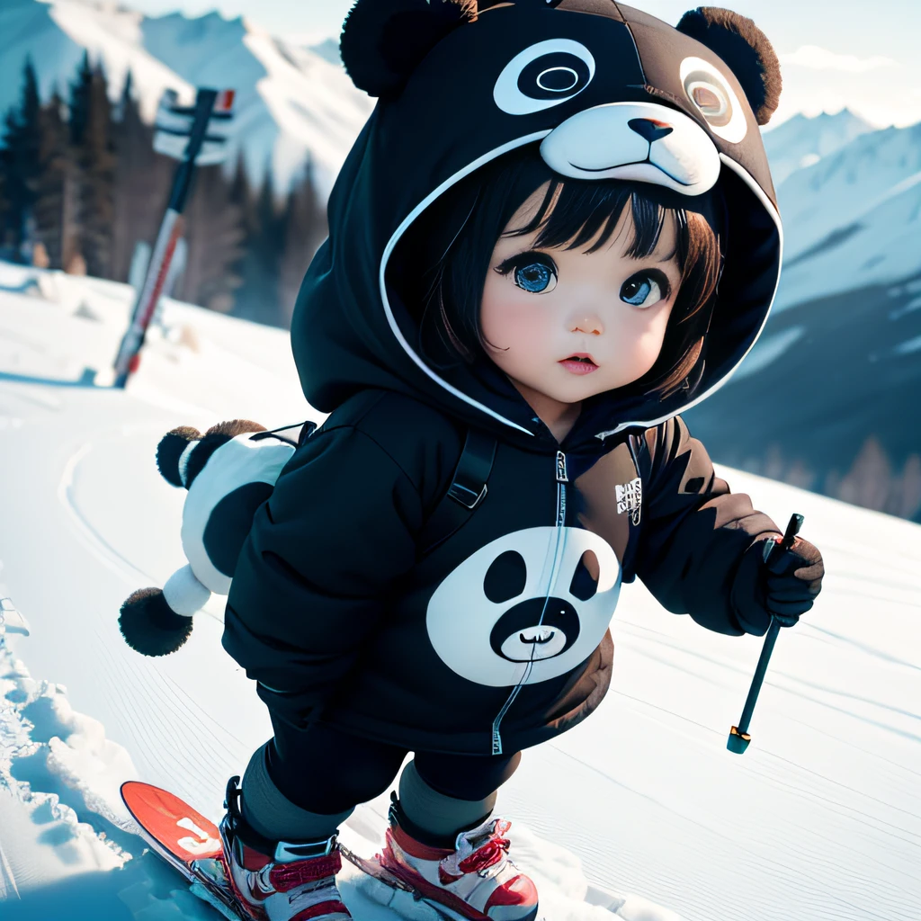 4K HD quality,Ridily scene details,A cute chubby girl,Double bun and bangs,largeeyes,Wear a panda hood,Very happy,skiing,full body shot shot