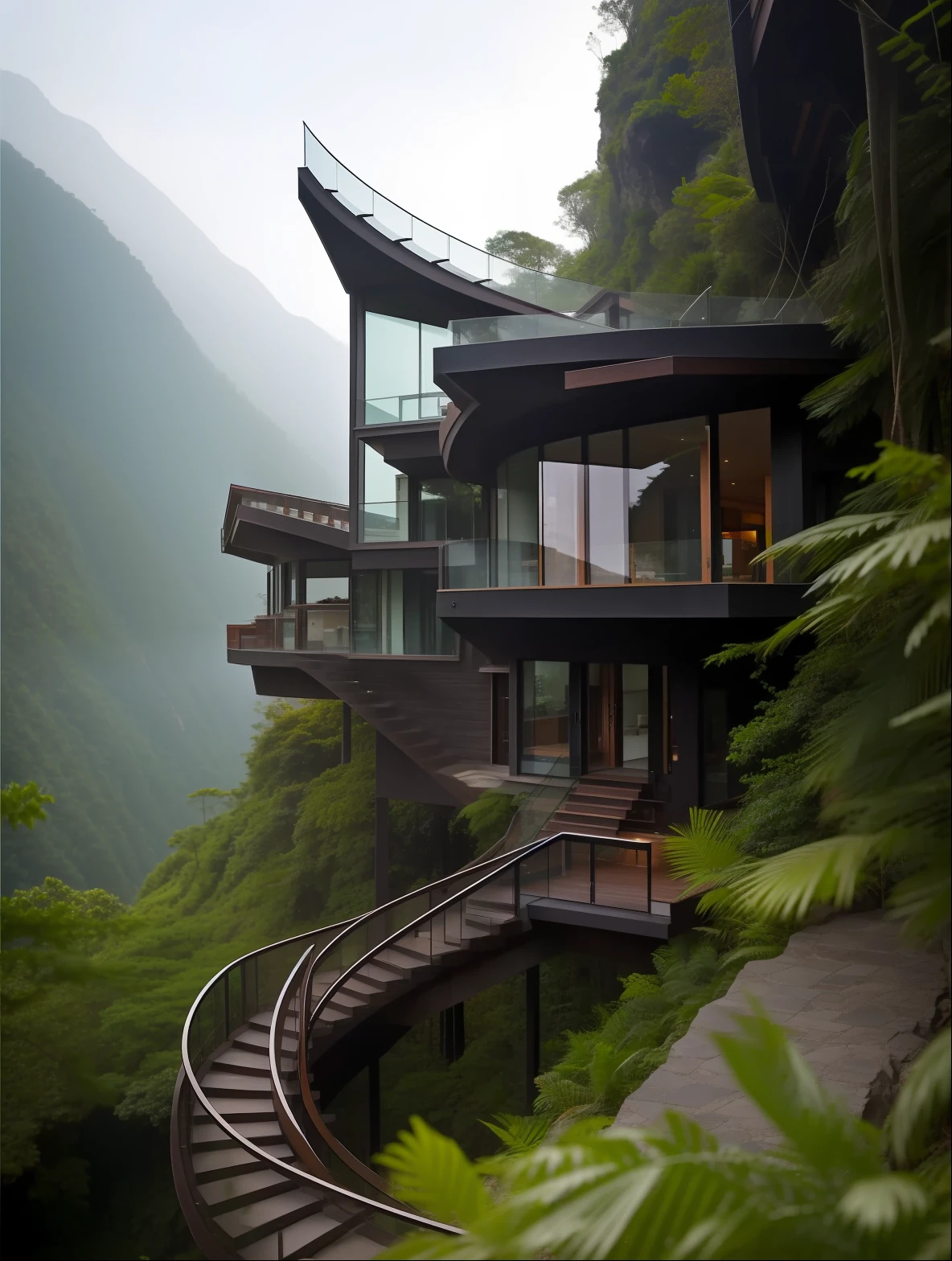 Alafid view of the house on the cliff,The stairs go up, amidst of nature fully covered, mountainous jungle setting, integrated in the mountains, beautiful house on a forest path, mix with rivendell architecture, Nature meets architecture, House in the forest, beatiful house, inspirational architecture, Realistic architecture, build in a forest near of a lake