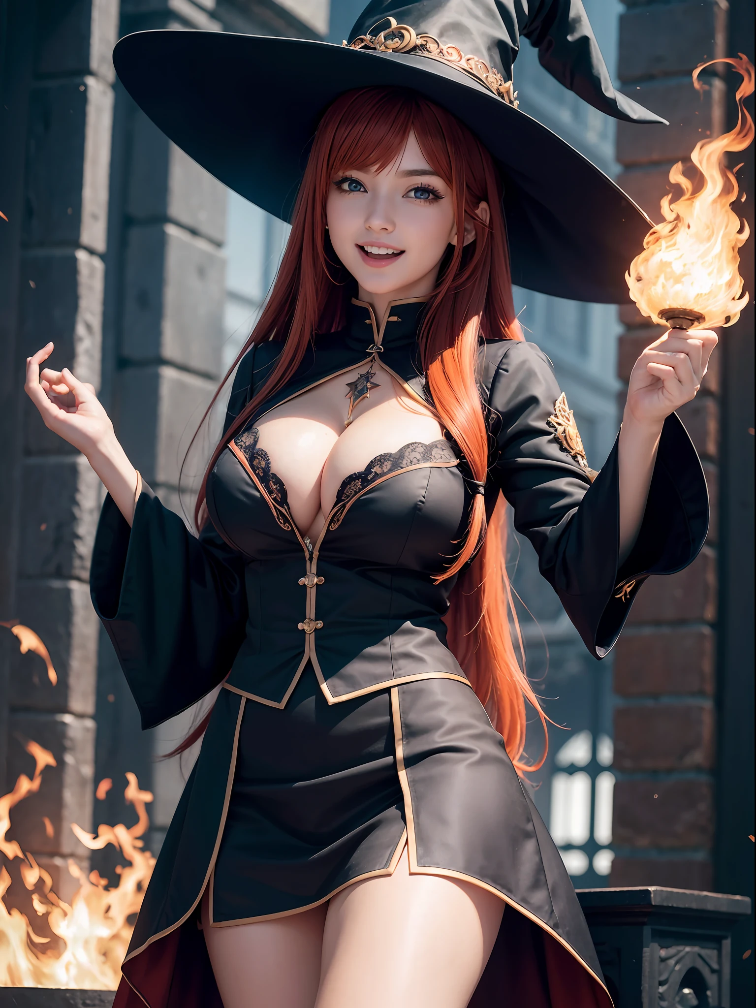 (ultra-detailed CG unity 8k wallpaper, masterpiece, best quality, depth of field, HDR, intricate), vivid colors, 1girl, red hair, orange eyes, long hair, witch hat, black witch outfit, short skirt, large breasts, cleavage, big smile, open mouth, night, fire magic, conjuring fire, looking at viewer, best photo pose, nice hands, perfect hands, beautiful detailed eyes,