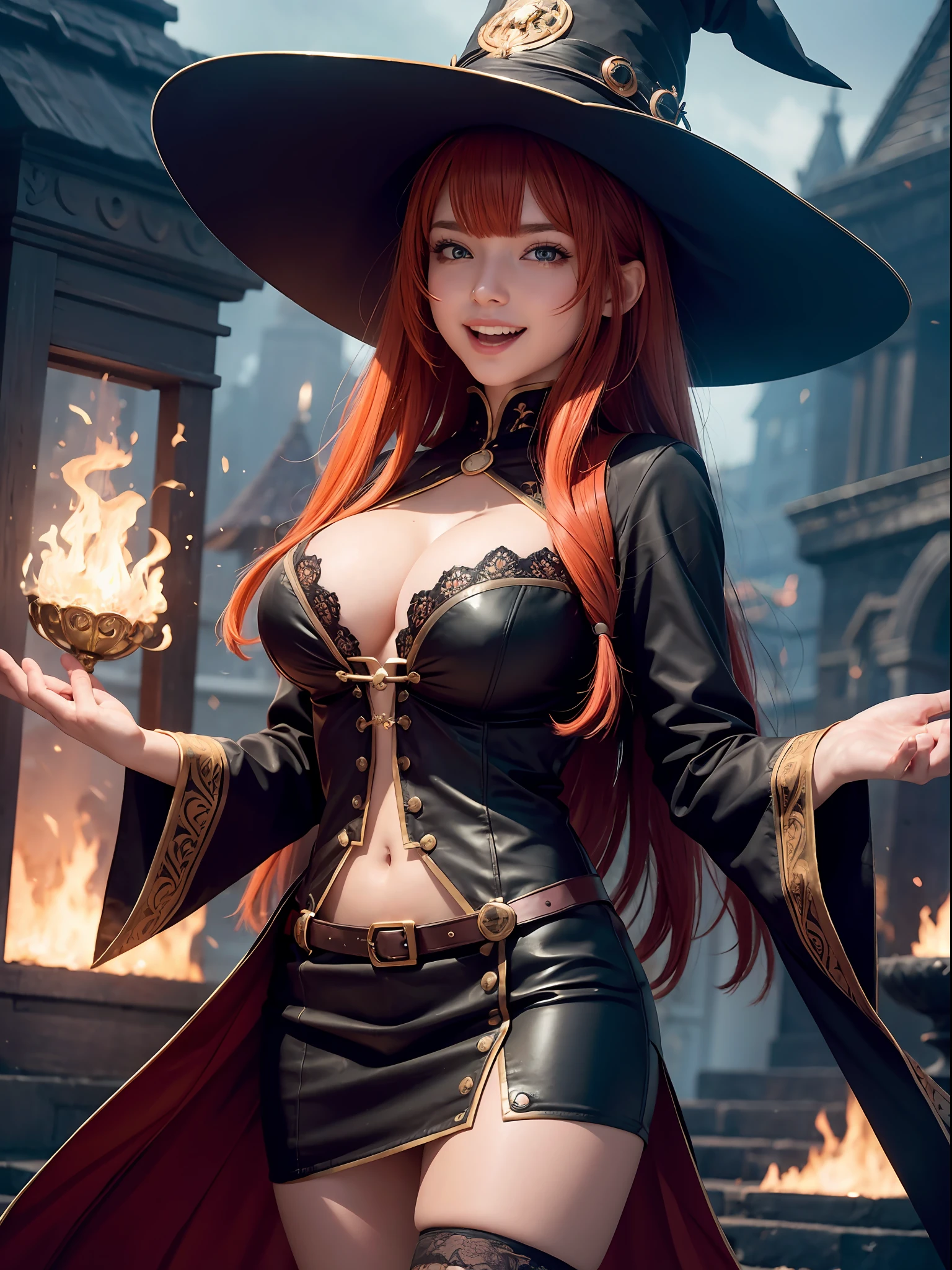 (ultra-detailed CG unity 8k wallpaper, masterpiece, best quality, depth of field, HDR, intricate), vivid colors, 1girl, red hair, orange eyes, long hair, witch hat, black witch outfit, short skirt, large breasts, cleavage, big smile, open mouth, night, fire magic, conjuring fire, looking at viewer, best photo pose, nice hands, perfect hands, beautiful detailed eyes,