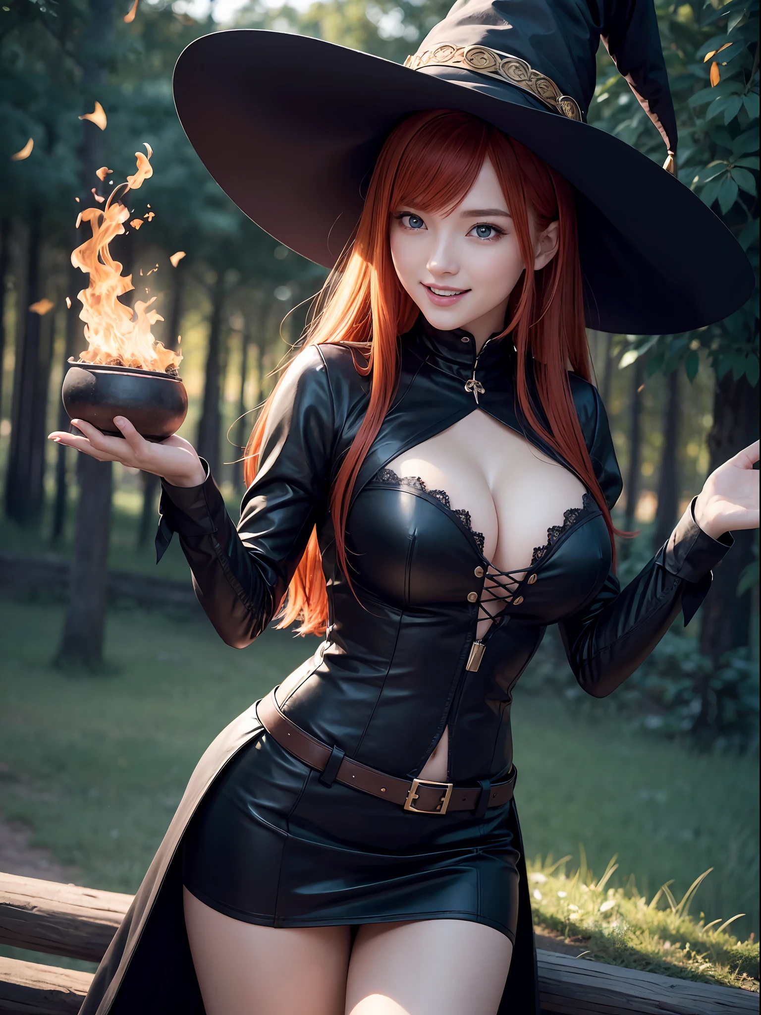 (ultra-detailed CG unity 8k wallpaper, masterpiece, best quality, depth of field, HDR, intricate), vivid colors, 1girl, red hair, orange eyes, long hair, witch hat, black witch outfit, short skirt, large breasts, cleavage, big smile, open mouth, night, fire magic, conjuring fire, looking at viewer, best photo pose, nice hands, perfect hands, beautiful detailed eyes,