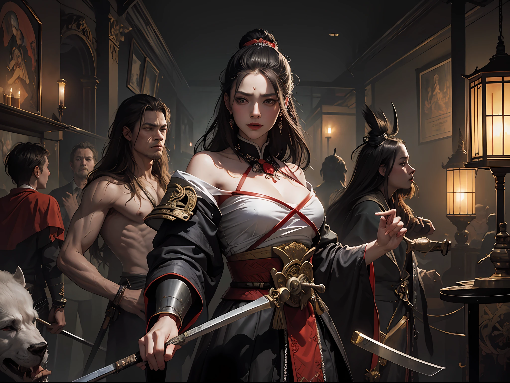 Samurai Showdown At A Haunted Circus., expressionism, surrealism, renaissance painting, rococo, fantasy art, concept art, digital painting, hyperrealism, seb mckinnon --auto