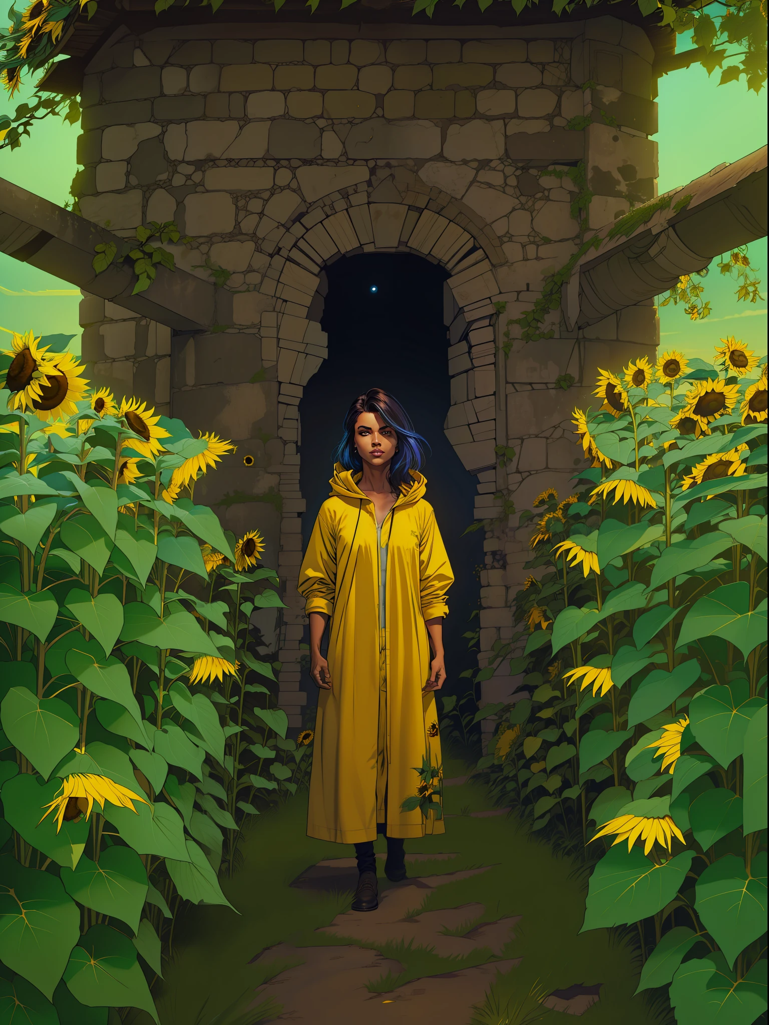 ela tem os cabelos brancos na altura do ombro, os olhos amarelos, ela usa camiseta preta , black pant, e botas de cano curto, e um sobretudo amarelo com capuz baixo, e sonha toda noite o mesmo sonho, She dreams that she is flying on top of her bed, e que seu gato preto possui voz humana, ela acorda toda vez no mesmo local, a field of sunflowers, and he always sees in his mind the silhouette of the most sinister young man, and these boys are in danger and every time ARYENDELL tries to help them the beautiful field of sunflowers, It starts to catch fire and opens a portal that sucks everyone in........., and at this crucial point in the dream Aryendell wakes up not knowing where he is. And what intrigues her most is that she never wakes up in the same place, and the most mysterious thing is that in one of the pockets of Aryendell's coat appear frachuras and sunflower leaves, sem falar no cheiro estranho que percorre suas roupas;.