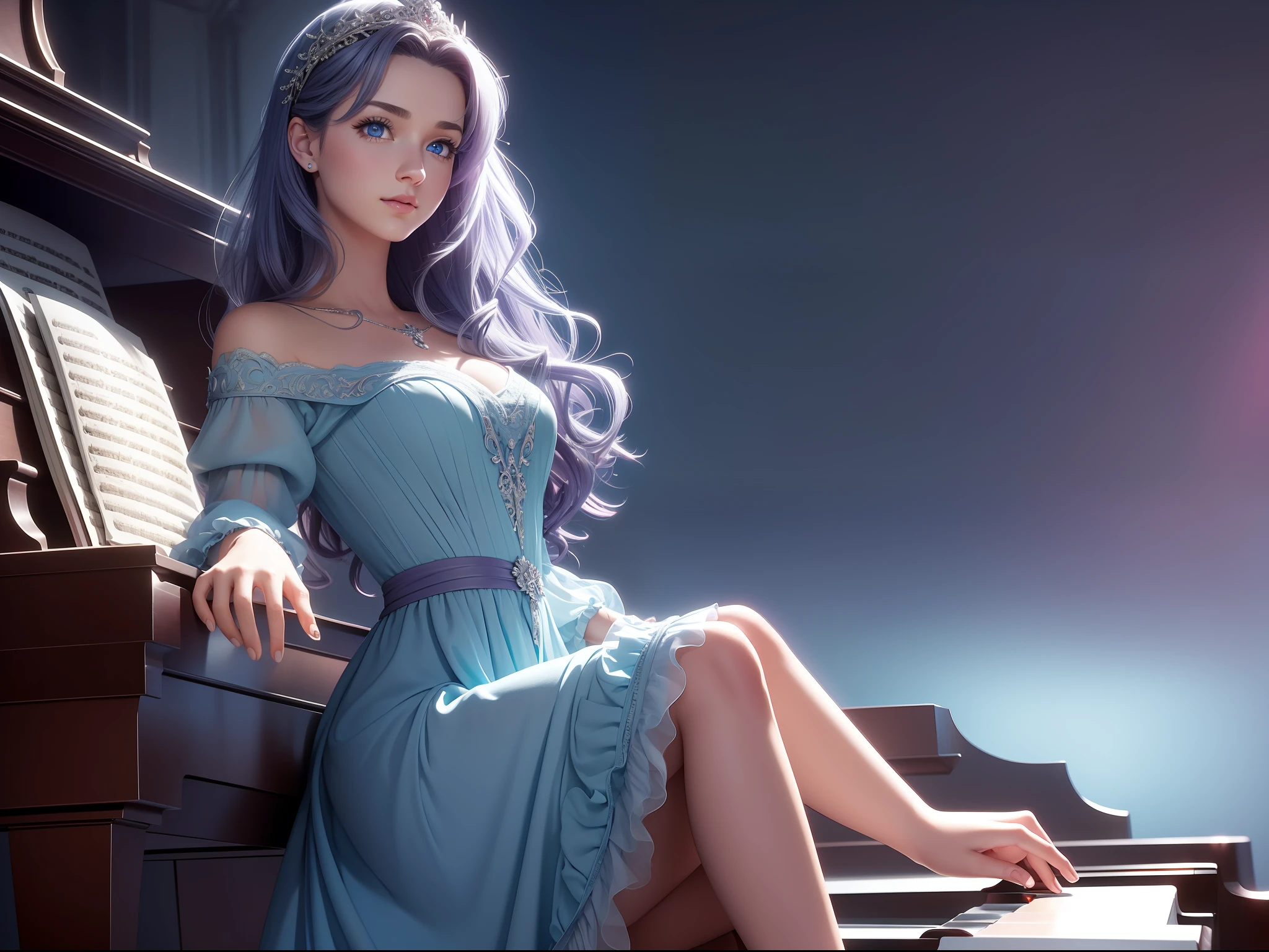 masterpiece, best quality, 1girl, digital painting, HDR, Pixar style Painting, foreshortening, extremely detailed 8K, high resolution, ultra quality, modern disney style, Anastasia, (((playing piano))) while sitting on piano bench, looking at hands, (symmetrical pretty face), (intricate, highly detailed), deep purple wavy hair, (matching greyish-blue eyes), perfect symmetry, ornate dress. --auto