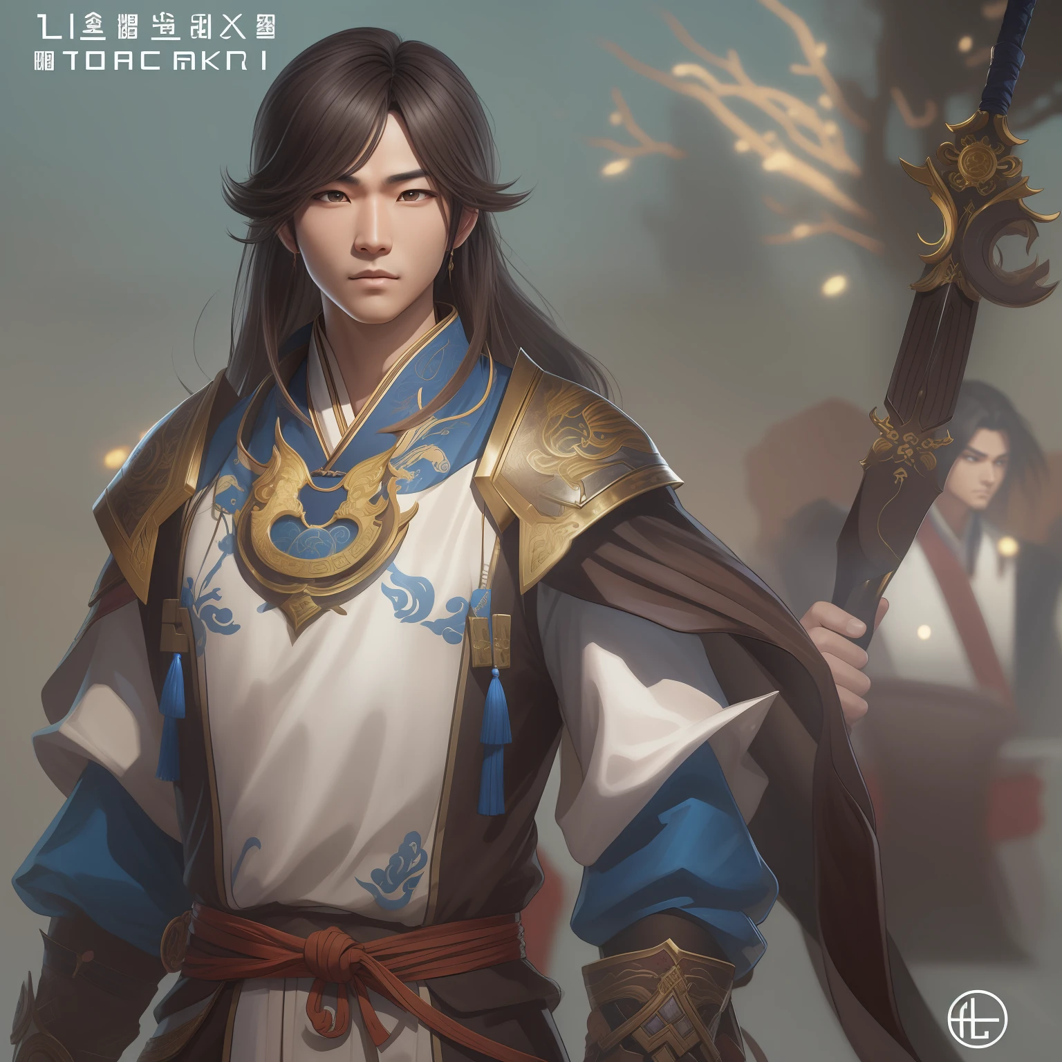 a close up of a man in his 30's, with brown eyes and brown hair, wearing a desert themed outfit, using the power of lightning, a hero in wuxia style, with brown eyes, martial artist holding a staff, standing in a chinese monastary, new costume concept design, in the style of blade and soul, full body character concept, detailed character design, inspired by Yang Jin, inspired by Li Mei-Shu, chinese costume, inspired by Lan Ying, inspired by Sim Sa-Jeong, inspired by Li Tang, lunar themed attire, costume with blue accents, inspired by Ju Lian, colored concept art, highly detailed character design, highly detailed face, inspired by Ai Xuan, very highly detailed face, unreal engine render, final fantasy 14 style, inspired by Leng Mei