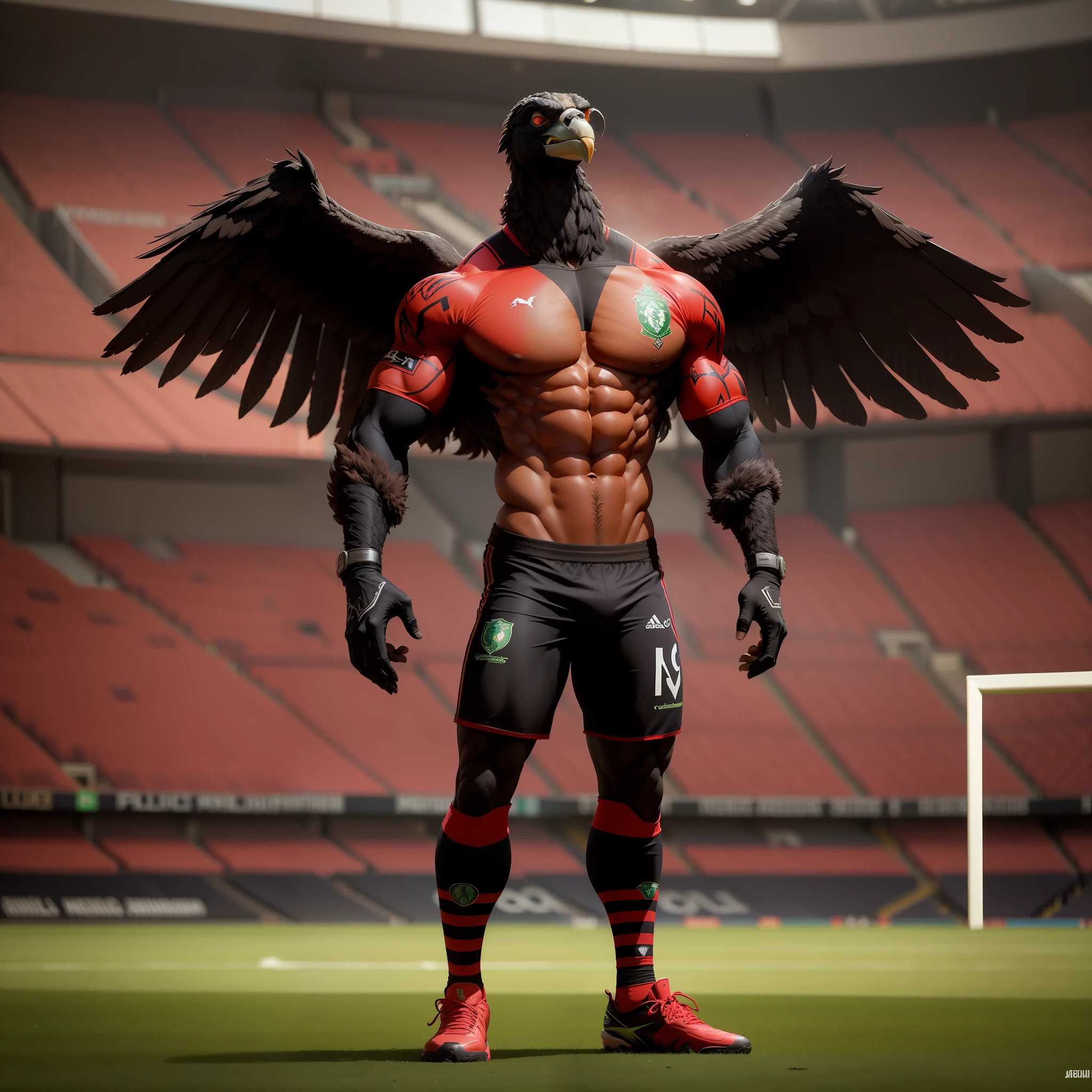 An anthropomorphic bodybuilder vulture, jogador de futebol, vermelho e preto Celtic Fc uniforme, in stadium, melhor qualidade, ultra realista, detalhadofile:///G:/Imagens/Andr%C3%A9/Sem%20t%C3%ADtulo.png