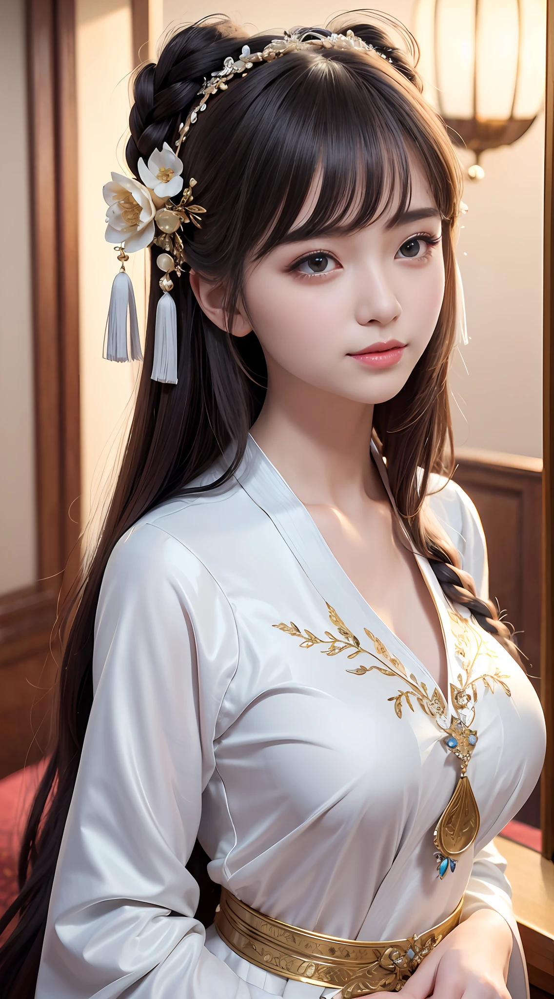 close up on face, Ultra-fine face,femele, China-style, Ancient wind,Hanfu, long whitr hair, Delicate clothing patterns, opulent, ellegance, ssmile,Skysky, Ribbons,Sense of brokenness, ruri, Buble, Double up braid, Hairline, slanted bangs, shairband, hair adornments,glitters, cinmatic lighting, hyper HD, A high resolution, best qualtiy, 8K, high detal, high qulity, super detailing, anatomy correct, tmasterpiece, ccurate,huge tit