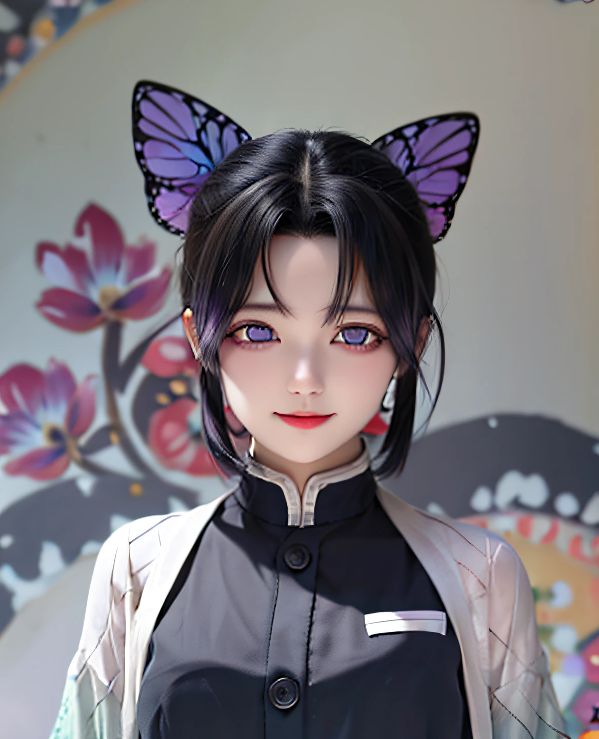 Masterpiece, Best quality, A high resolution, 1girll, Solo, Kochou Shinobu, butterfly hair ornaments, Purple eyes, multicolored hair, Short hair, Parted bangs, haori, long sleeeves, Wide sleeves, Black pants, Black jacket, belt, Cowboy shot, Smile, standing, purple flower, White background,