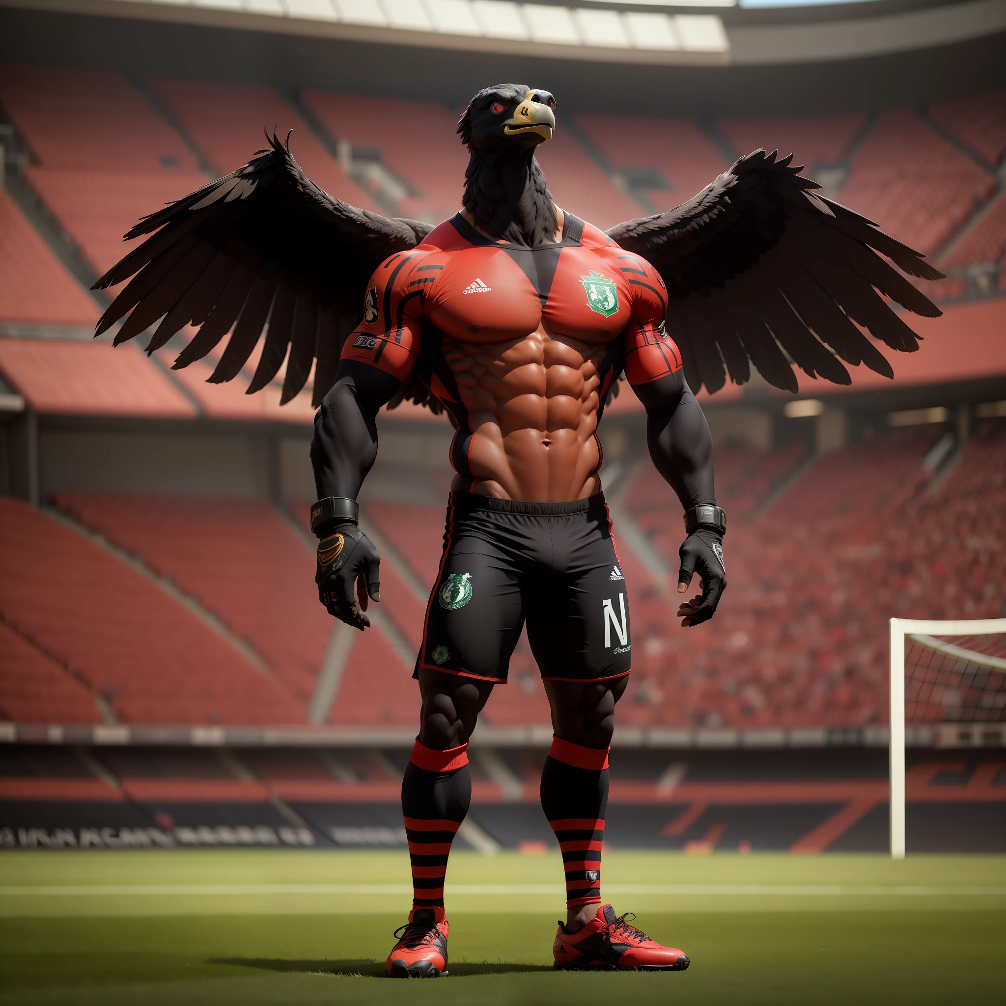 An anthropomorphic bodybuilder vulture, jogador de futebol, vermelho e preto Celtic Fc uniforme, in stadium, melhor qualidade, ultra realista, detalhadofile:///G:/Imagens/Andr%C3%A9/Sem%20t%C3%ADtulo.png