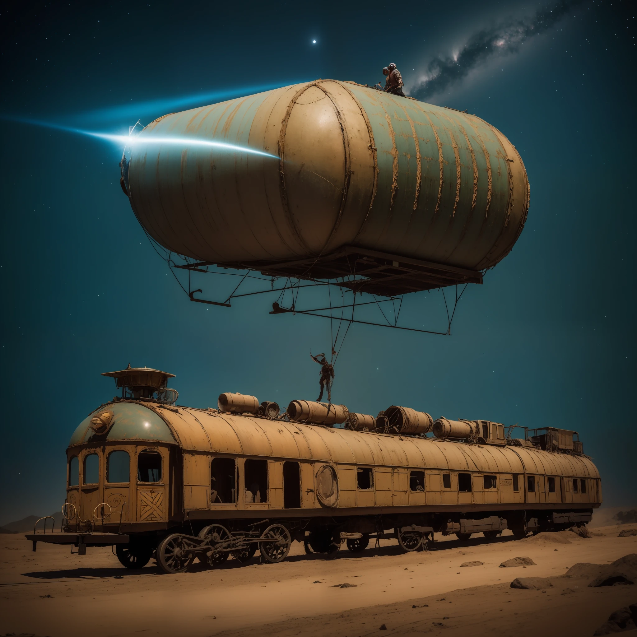 Post Apocalyptic Old-Fashioned Circus Train., fantasy art, Arte conceptual, surrealismo, Pintura renacentista, Espacio, cosmico, De color, galactic, tormenta, Misterioso, Enredado, Vibrante, RococoStyle, Hiperrealismo, Barroco flamenco