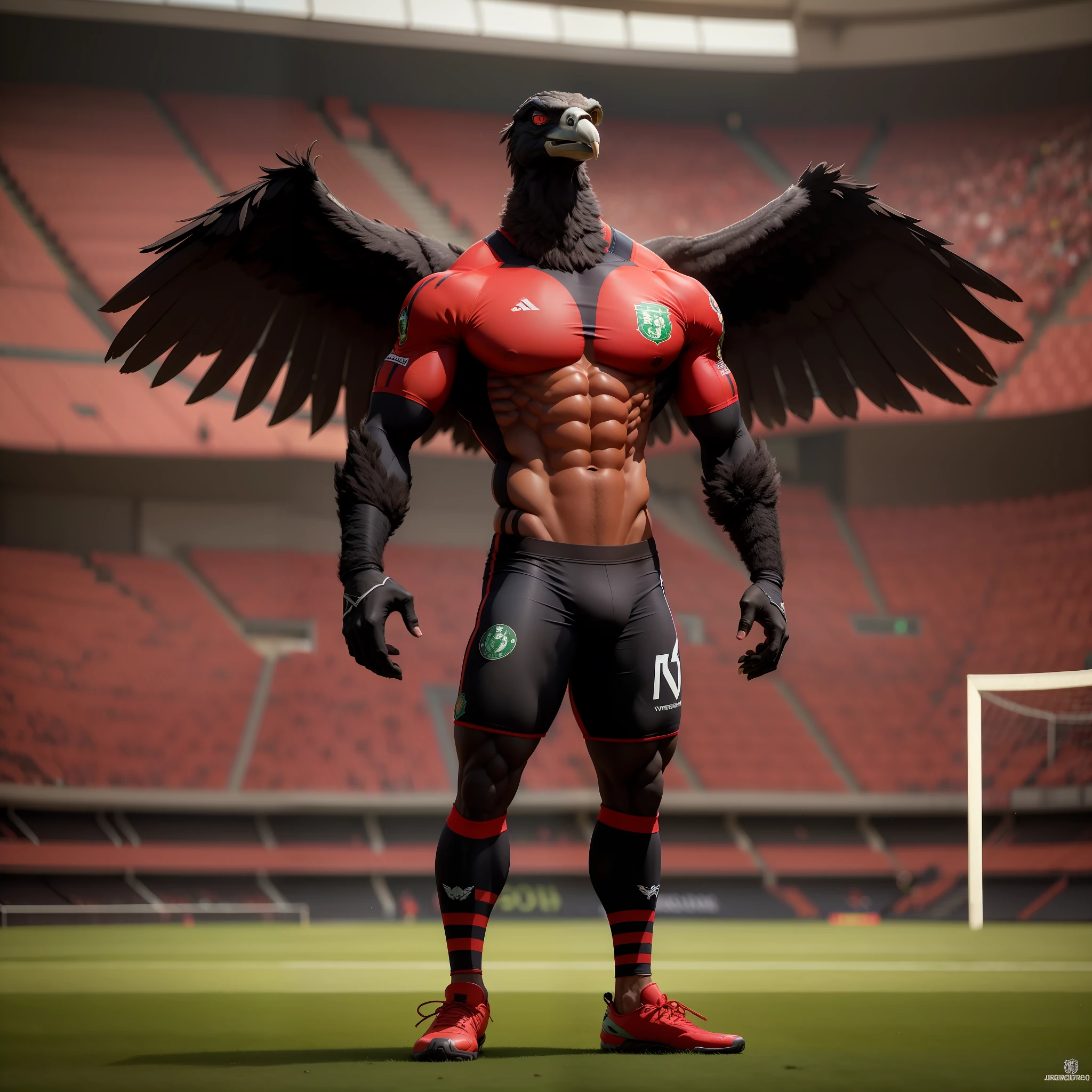An anthropomorphic bodybuilder vulture, jogador de futebol, vermelho e preto Celtic Fc uniforme, in stadium, melhor qualidade, ultra realista, detalhadofile:///G:/Imagens/Andr%C3%A9/Sem%20t%C3%ADtulo.png