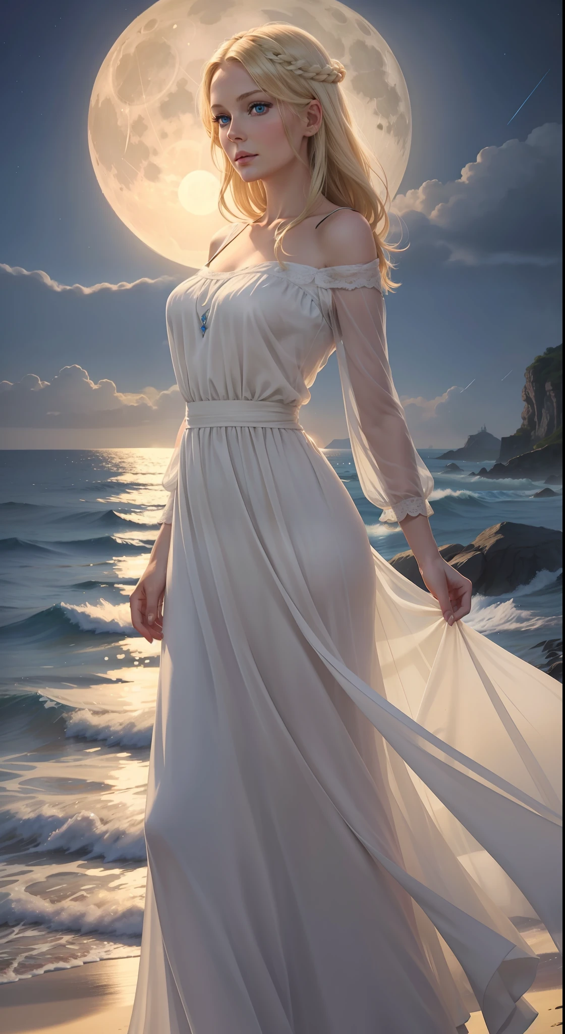 Blonde woman with blue eyes,European people,delicated face,mature pretty woman,Wear a long white dress,intelligent,Holy,goddes,Have by the sea,The sea under the night sky,A huge full moon rises from sea level,Wallpapers,Extremely clear