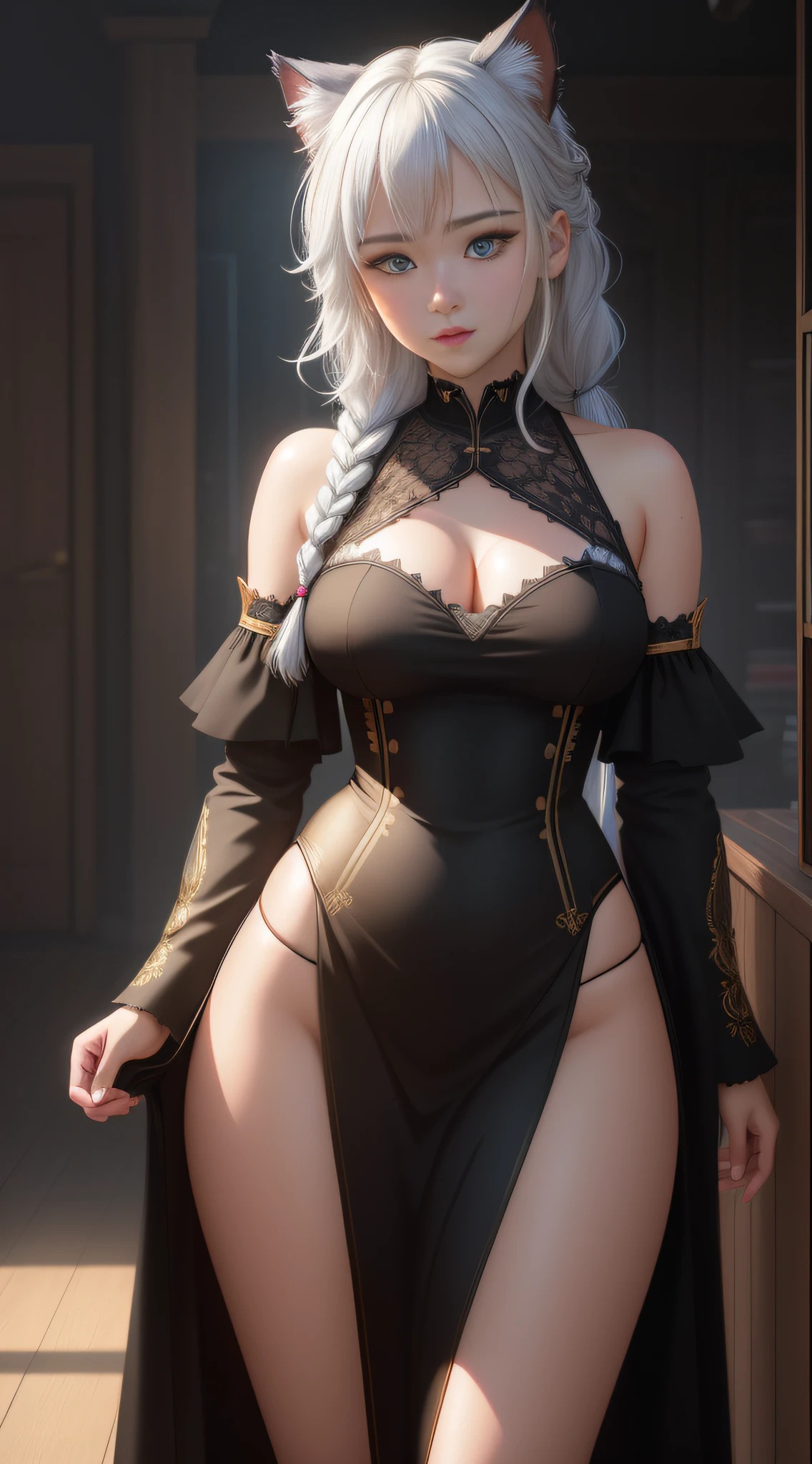 Solo, anime girl, full body, young adult body, medium chest, Hyperdetailed school background, School, Detailed medium white hair braid, hair braid, Cat ears, beautiful, Detailed eyes, blue eyes, Side view, torso shot from waist, Thick lineart, Anxious, Hyperdetailed natural light, detailed reflection light, volumetric lighting maximalist photo illustration 64k, resolution high res intricately detailed complex, key visual, precise lineart, vibrant, panoramic, cinematic, masterfully crafted, 64k resolution, beautiful, stunning, ultra detailed, expressive, hypermaximalist, colorful, rich deep color, vintage show promotional poster, glamour, anime art, fantasy art, brush strokes, , 16k, UHD, HDR, (Masterpiece:1. 5), Absurdres, (best quality:1. 5), Anime style photo, Manga style, Digital art, glow effects, Hand drawn, render, octane render, cinema 4d, blender, dark, atmospheric 4k ultra detailed, cinematic sensual, Sharp focus, hyperrealistic, big depth of field, Masterpiece, colors, 3d octane render, concept art, trending on artstation, hyperrealistic, Vivid colors, , modelshoot style, (extremely detailed CG unity 8k wallpaper), professional majestic oil painting by Ed Blinkey, Atey Ghailan, Studio Ghibli, by Jeremy Mann, Greg Manchess, Antonio Moro, trending on ArtStation, trending on CGSociety, Intricate, High Detail, Sharp focus, dramatic, photorealistic painting art by midjourney and greg rutkowski Model: Lyriel v1. 5