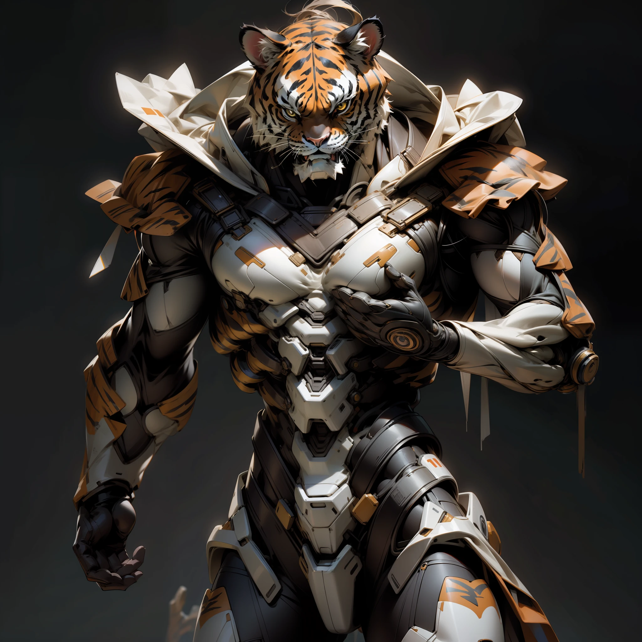 (Masterpiece: 1.1), (Best Quality: 1.0), (Ultra Resolution: 1.0), (8K Resolution: 1.2), (Photorealistic: 1.0), (Ultra Detail 1:0), (Clear Focus 1:0), (Original Photo: 1.1), (Lighting: 1:1), Left half of body is tiger, Right half of body is a person