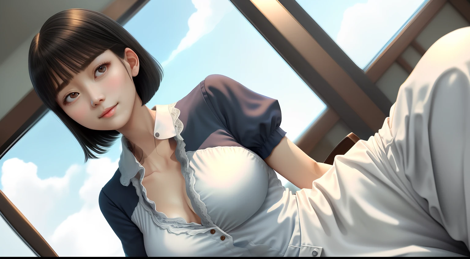 (8k, Best Picture Quality, tmasterpiece:1.2), (realisticlying, realisticlying:1.37), ultra - detailed, 1个Giant Breast Girl, adolable, 独奏, Beautiful detailed sky, Detailed café, natta, sitted, dated, (Nasal redness), (ssmile:1.15),(Keep one's mouth shut)smallunderboob,美丽细致的眼睛,(collar shirt:1.1),natta,dampness,Professional Dress,Sateen,White lace,(short detailed hair:1.2),Flowing hair NovaFrogStyle,nakeness