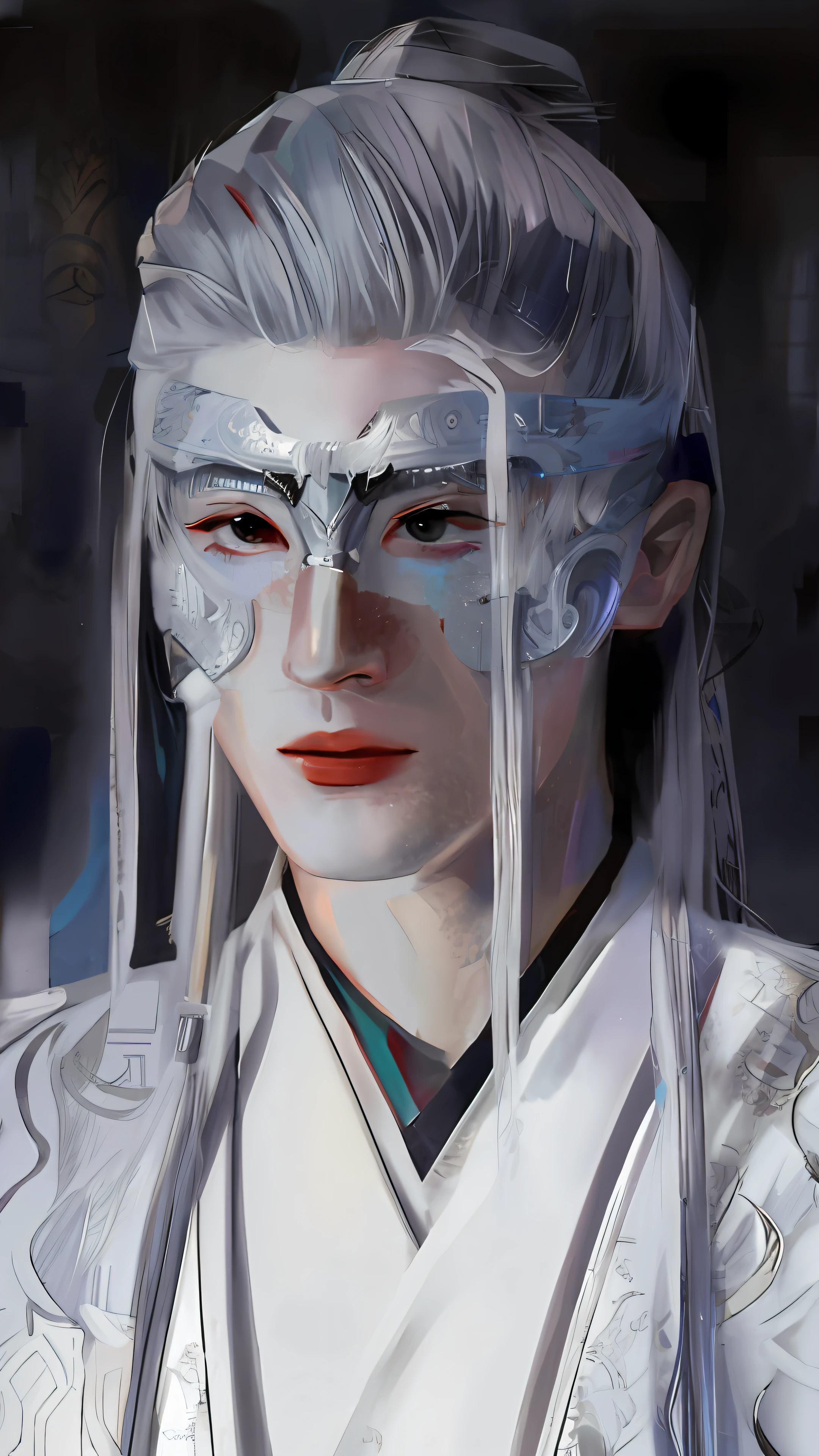 Similar to the original image，A male god wearing an anime-style costume，White mask，Gray hair，The lips are red and the teeth are white，Amazing，The contrast between cold and warm colors is strong，Drawing with thick brushstrokes