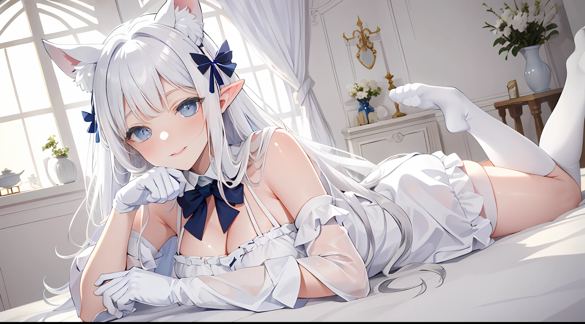 Lazy wind,wide blue eyes,White hair,Dull hair,Beast-eared maiden,White tones,sitted,1girll,Solo,adolable,white dresses,Big hazy eyes,Facial details are exquisite,Beth,onbed,Impeccable,Cute pose,Plush cat's paw gloves,Shy laugh,The complexion is reddish