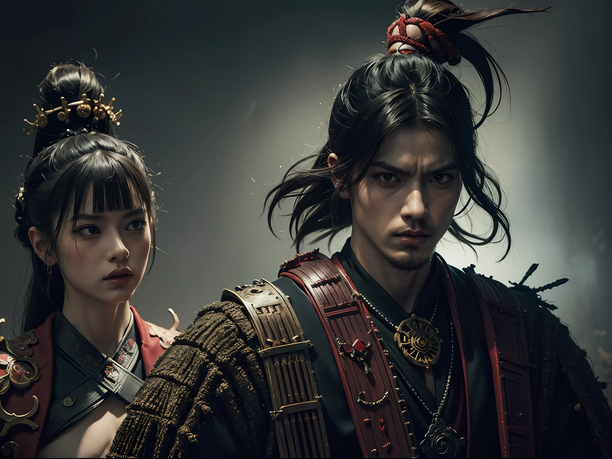 Samurai clash in a haunted circus., expresionismo, surrealismo, Pintura renacentista, RococoStyle, fantasy art, Arte conceptual, Pintura digital, Hiperrealismo, Seb McKinnon