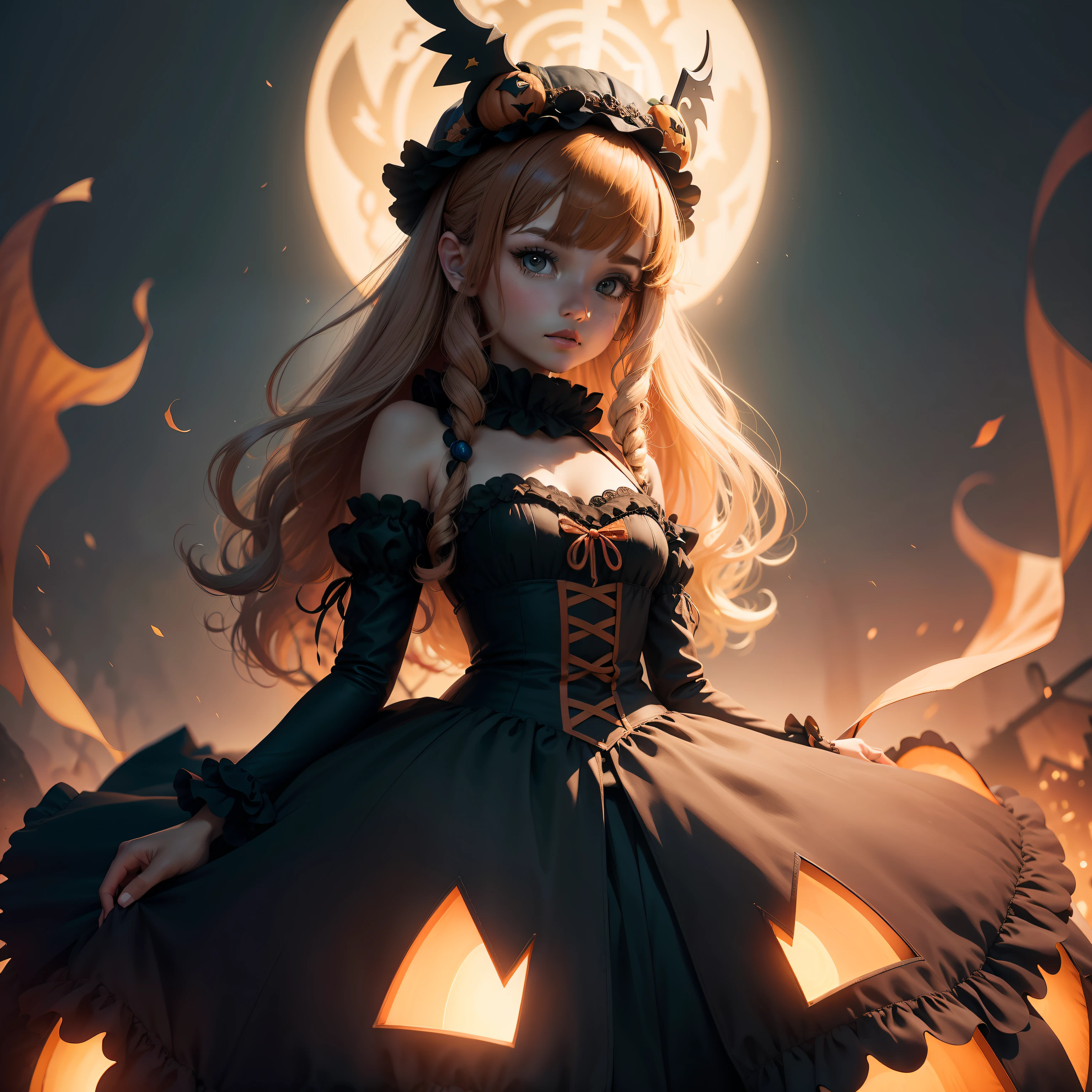 Un llamativo, foto altamente realista de una mujer vestida como Phantump #0708 from pokemon and a pumpkin headband , with a vibrant representation of the costume and a haunting backdrop.