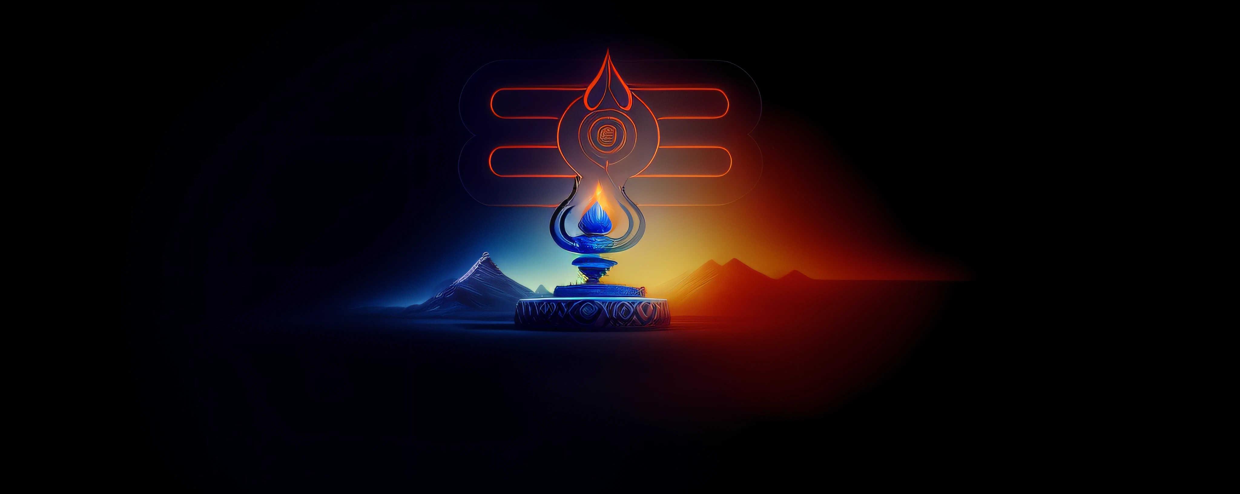there is a neon sign that says e b on it, god shiva the destroyer, 3rd eye, orange fire/blue ice duality!, lord shiva, background artwork, mobile wallpaper, background image, desktop background, screensaver, desktop wallpaper, 8k highly detailed ❤️🔥 🔥 💀 🤖 🚀, third eye, 8 k highly detailed ❤🔥 🔥 💀 🤖 🚀 , make it more realistic 8k , cover the blue colour side with himalayas , and the orange colour side with volcano center with shiv linga , i want a statue of lord shiva in center