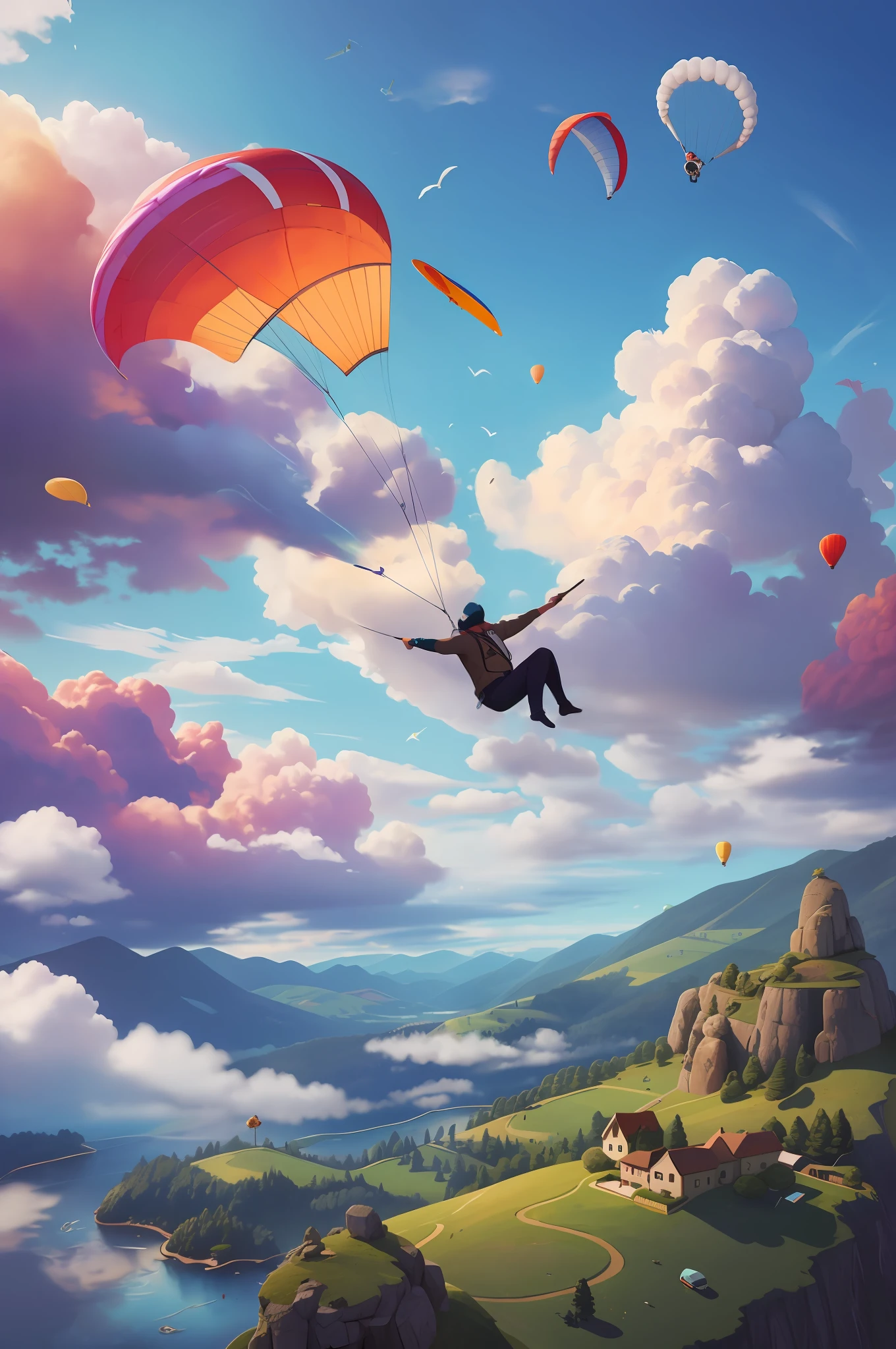 There is a man flying in the sky with a parachute, Concept art | rhads, inspired by RHADS, rhads and lois van baarle, rhads!, cyril rolando and goro fujita, by RHADS, android jones and rhads, in style of cyril rolando, inspired by Cyril Rolando, rhads!!!, key art