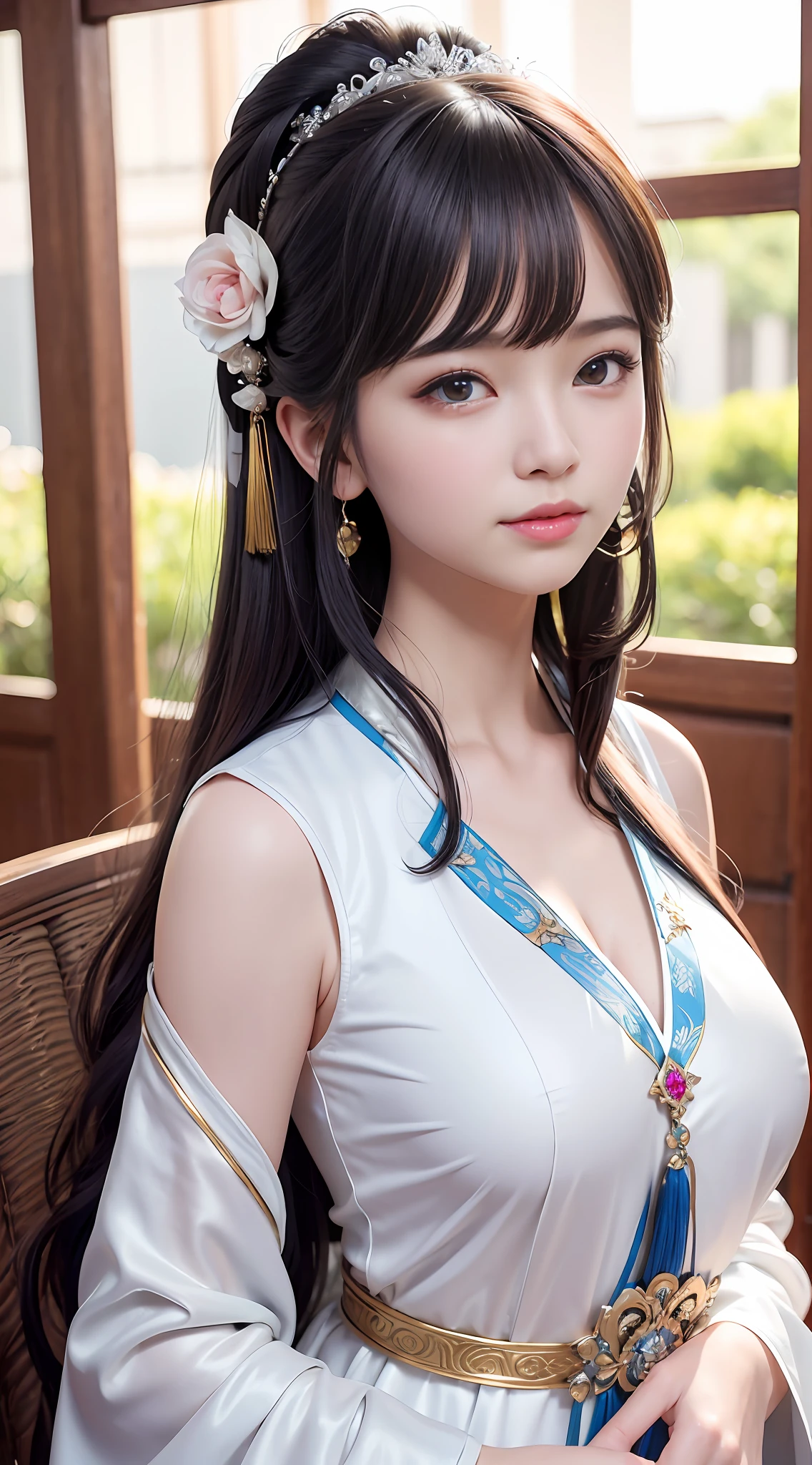 close up on face， Ultra-fine face，femele， China-style， Ancient wind，Hanfu， long whitr hair， Delicate clothing patterns，  opulent， ellegance， ssmile，Skysky， Ribbons，Sense of brokenness， ruri， Buble， Double up braid， Hairline， slanted bangs， shairband， hair adornments，glitters， cinmatic lighting，  hyper HD， A high resolution， best qualtiy， 8K， high detal， high qulity， super detailing， anatomy correct， tmasterpiece， ccurate，huge tit