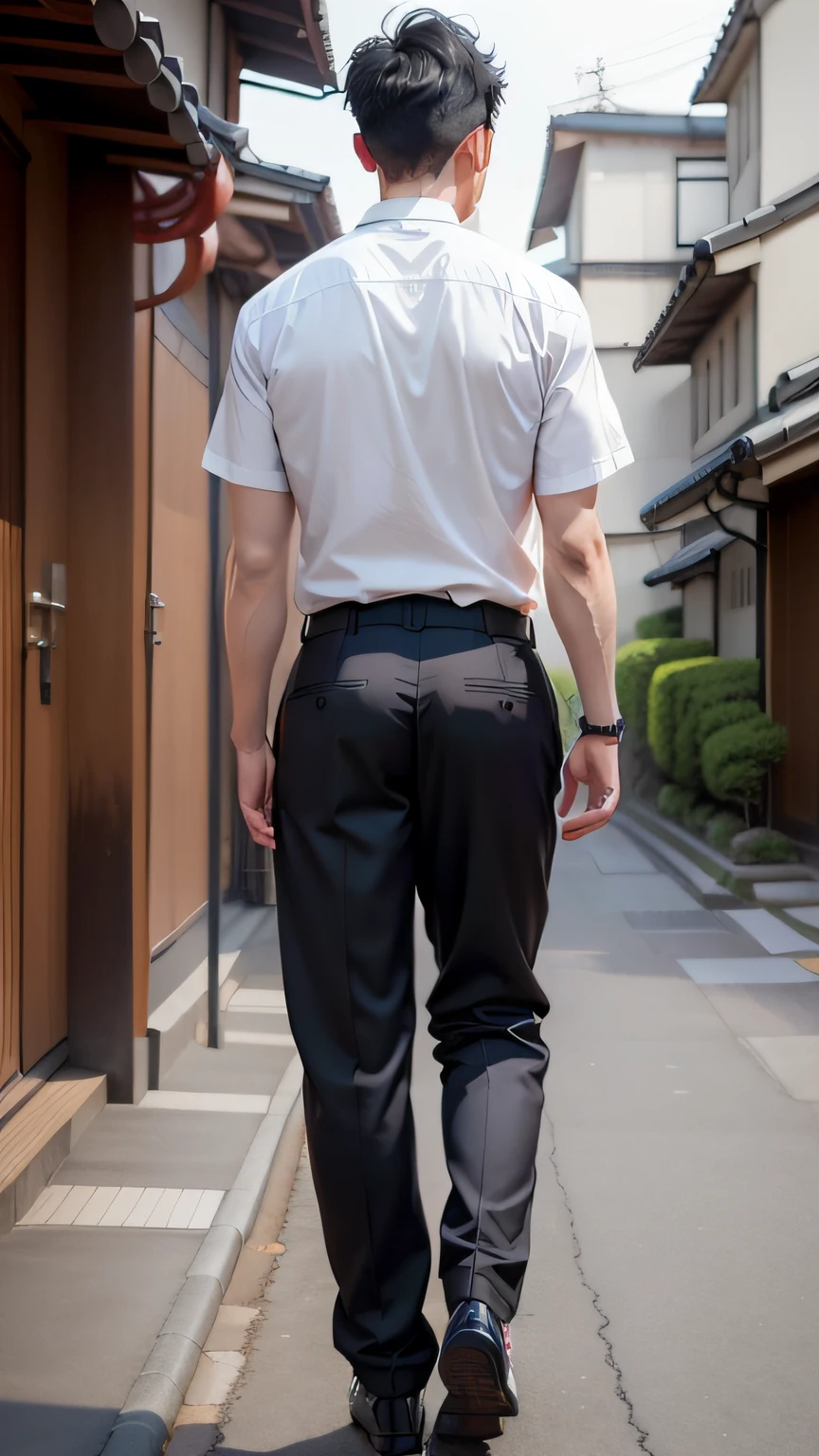 hephaestus (Japan boy)、student clothes、trousers,Undercut、Spectator、Wearing a shirt ,Full body,photographrealistic、Back shot,Back