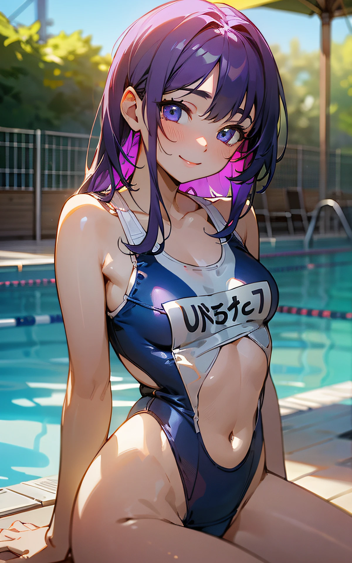 (Unity 16K Wallpaper, Masterpiece, Best Quality, Ultra-Detailed, Extremely Detailed CG, Caustics, Cinematic Lighting, Detailed, Beautiful Detailed Eyes, solo, vivid image quality, brighten the subject, pool side),Ultra High Resolution, fine skin、sexy, (curby), nsfw,(white school swimsuit:1.3), small breasts, smile, cowboyshot, purple hair, puaple eyes, face up
