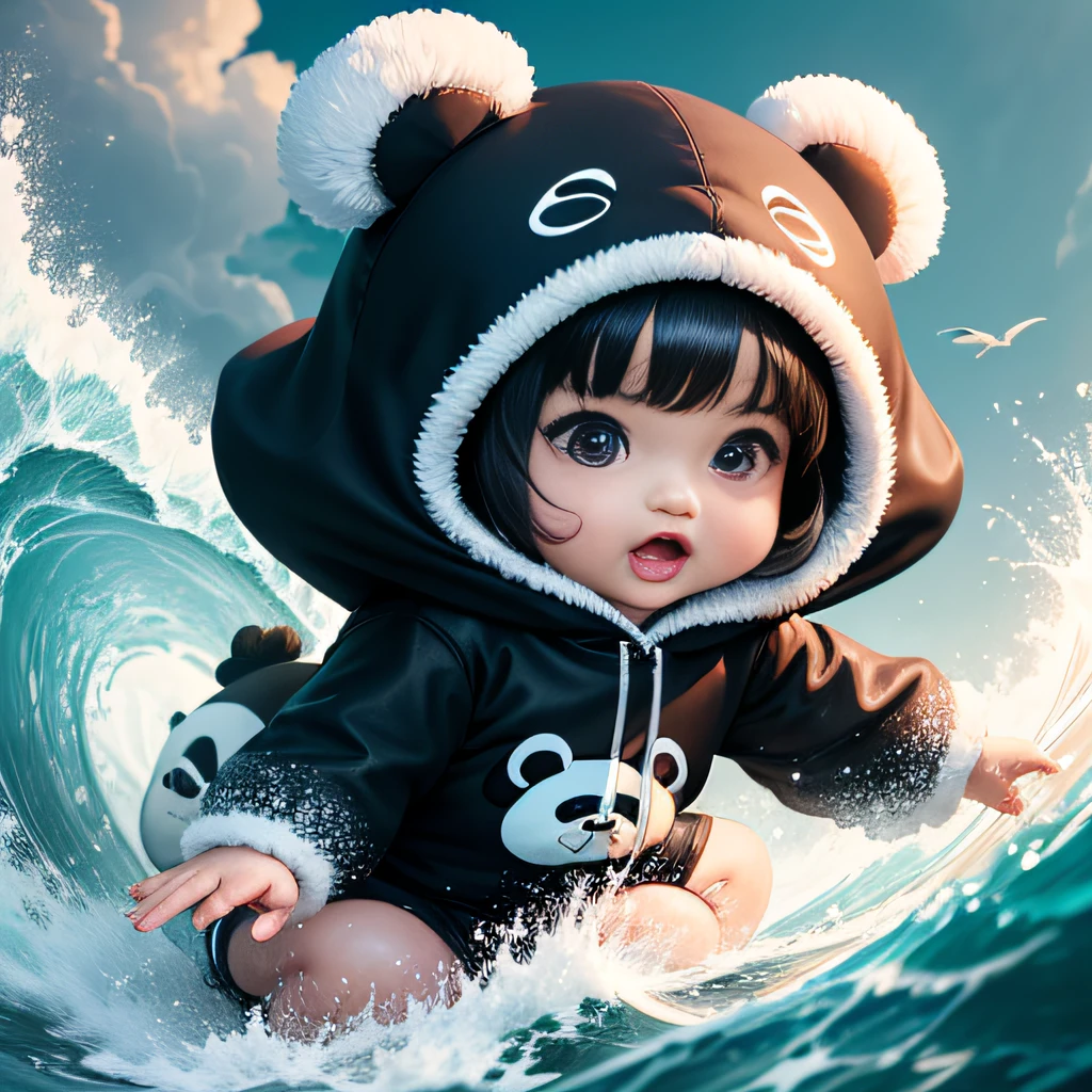 4K HD quality，Ridiculous scene details，A cute chubby ****** girl，Double bun and bangs，largeeyes，Wear a panda hood，Very happy，surfing，full body shot shot