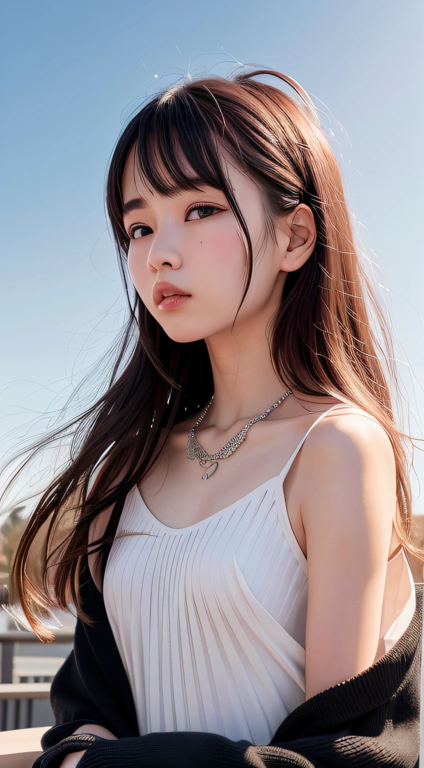 IU1、(8K、top-quality、masterpiece:1.2)、(realisitic、Photorealsitic:1.37)、ultra-detailliert、1girl in、cute little、独奏、mid night、Beautiful detailed sky、Detailed Cafe、sitting on、date、looking at the viewers、red blush、full of shyness、tiny chest、、Floating hair、、耳Nipple Ring、a necklace、black suits、photographed on a Nikon D850、nikon af-s nikkor 58mm f / 1.4G lens