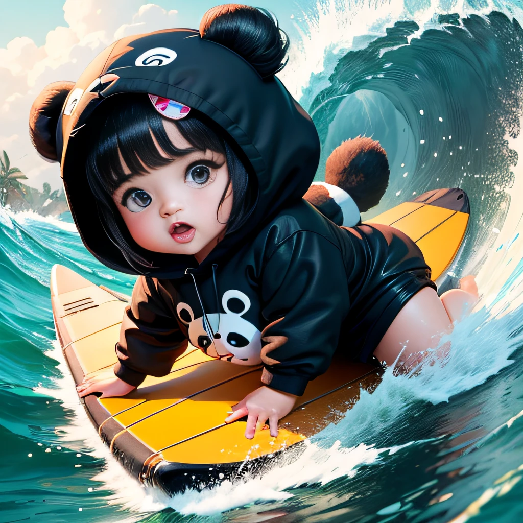 4K HD quality，Ridiculous scene details，A cute chubby little girl，Double bun and bangs，largeeyes，Wear a panda hood，Very happy，surfing，full body shot shot
