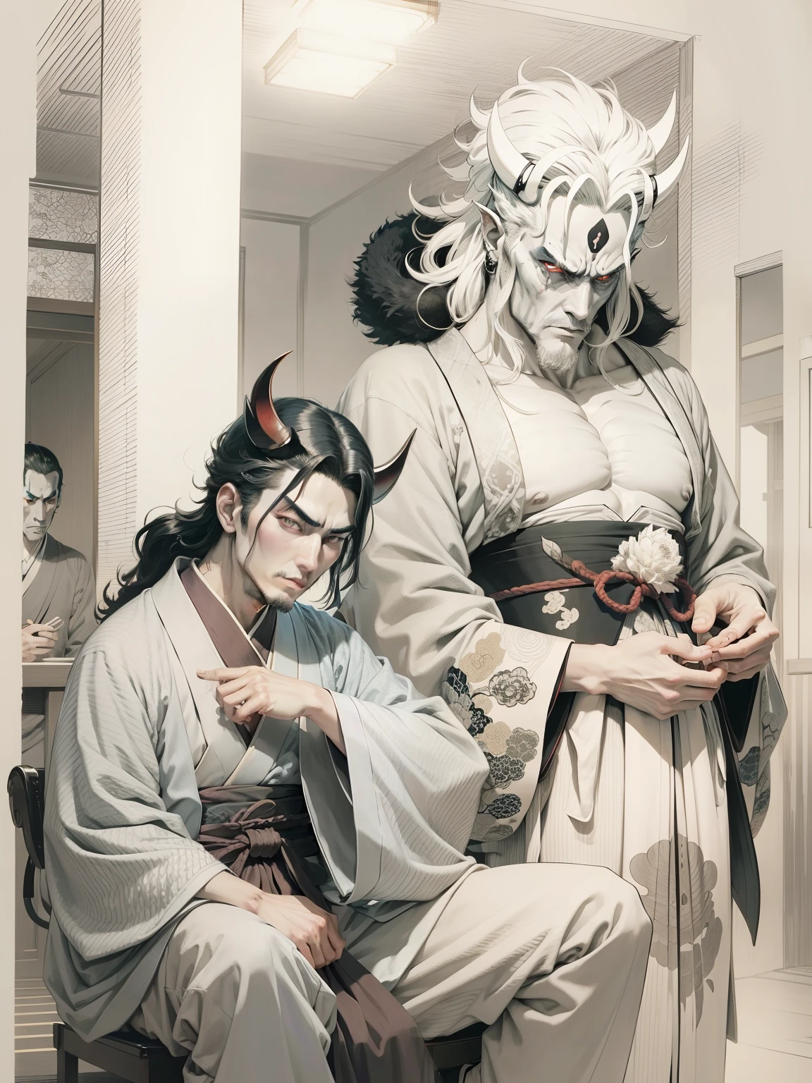 beautiful man, Scary demon beside a man,beautiful Clothes、fulcolor,Japan ukiyo-e color,Kawase Hasui、Yoshitoshi Tsukioka,beatiful face,oni is nakid