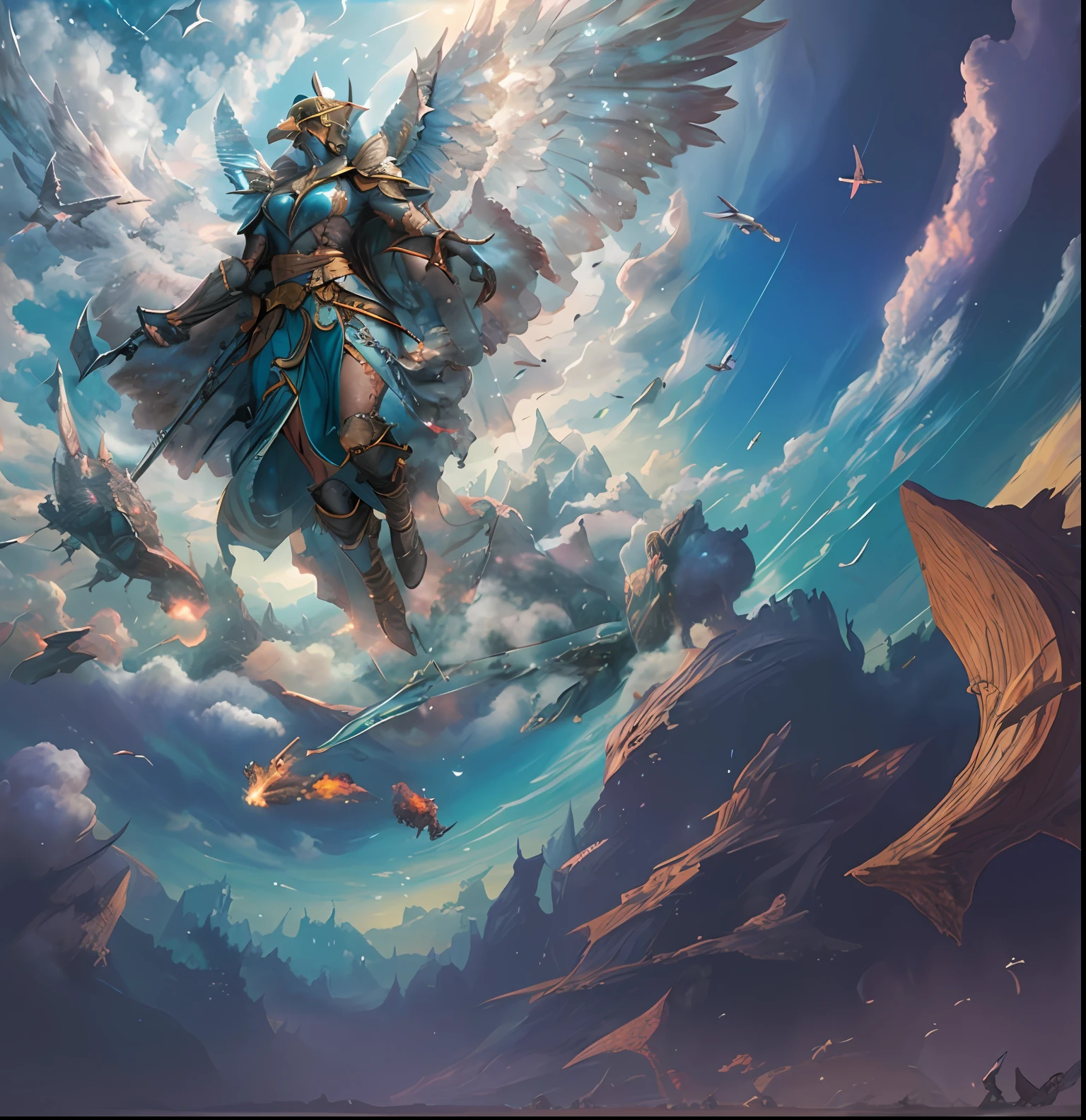 heaven light, divine light, rainbow, a painting of a woman with wings flying through the sky, mohrbacher, peter mohrbacher style, peter mohrbacher c 2 0, peter mohrbacher artstyle, in the art style of mohrbacher, epic fantasy card game art, fantasy card game art, mystical atlantean valkyrie, by Jeremy Chong, peter mohrbacher digital art