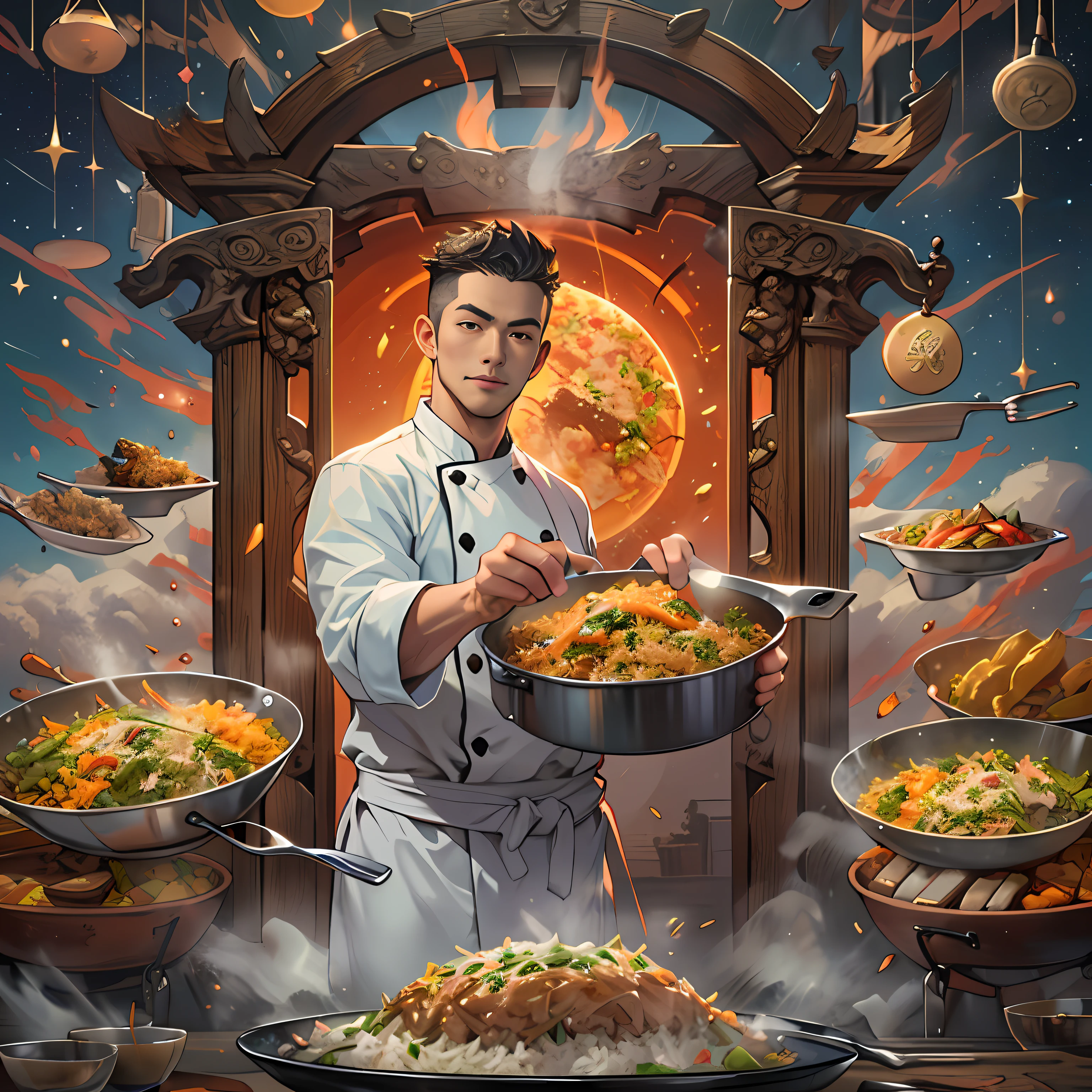 A tall, Handsome male chef standing in front of the Dream Gate,The spatula with fried rice in his hand kept turning the pan ,in the style of the stars art group xing xing, 32k, best quality, masterpiece, super detail, high details,