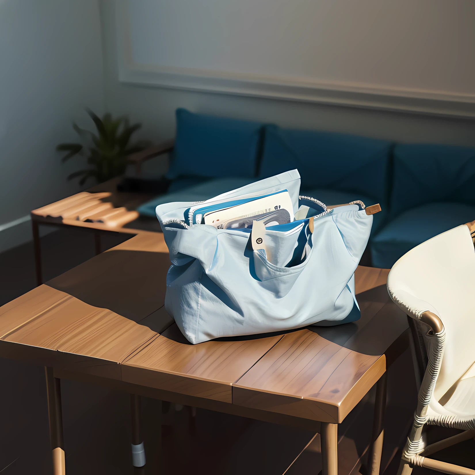 On the table was a blue folder，greybackground，The bag is placed on the table, Product photo, f / 2 0, Leather Pouch, Natural soft light，author：Emma Andievska, close-up product photo, close angle, Sacoche, full product shot, Fluid bags,Natural soft light， author：Gaisa Dosa, taken with canon 8 0 d
