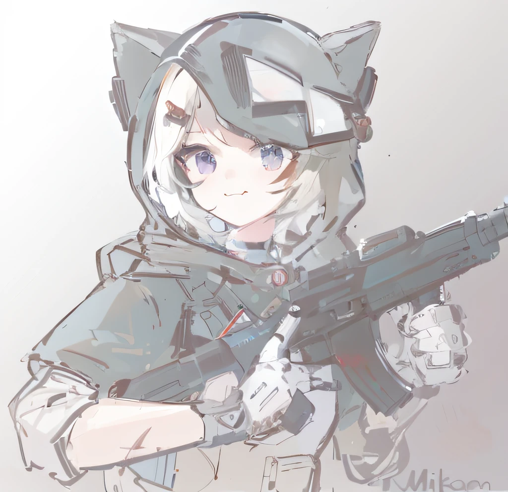 Anime characters with guns and hoodies, neko, unknown artstyle, sketchy artstyle, Mihoyo art style, anime catgirl, nekomimi, Marin Kitagawa fanart, cat woman, fox-girl, From Metal Gear, trigger anime artstyle, soldier girl, with rifle, Fully robotic!! cat woman, mechanized soldier girl, cute anime catgirl