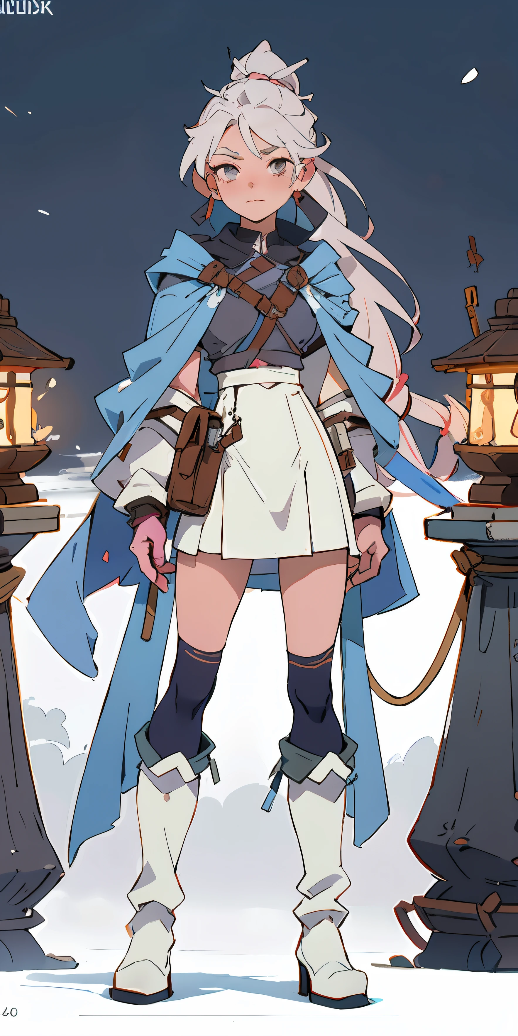 A Western girl、silver-white long hair，Twisted braided gentle expression、full bodyesbian、Petite figure，small，Amazingly beautiful facial features，Short sleeveless skirt in gray、Complex design，Pointed-toe boots，Dark blue flowing cloak，Game model， Stunning lighting， C4D，oc rendered，cinematic rim light，Plain white background，The light is delicate，tmasterpiece，ultra - detailed，Epic composition，Super HD，high qulity，HighestQuali，32K
