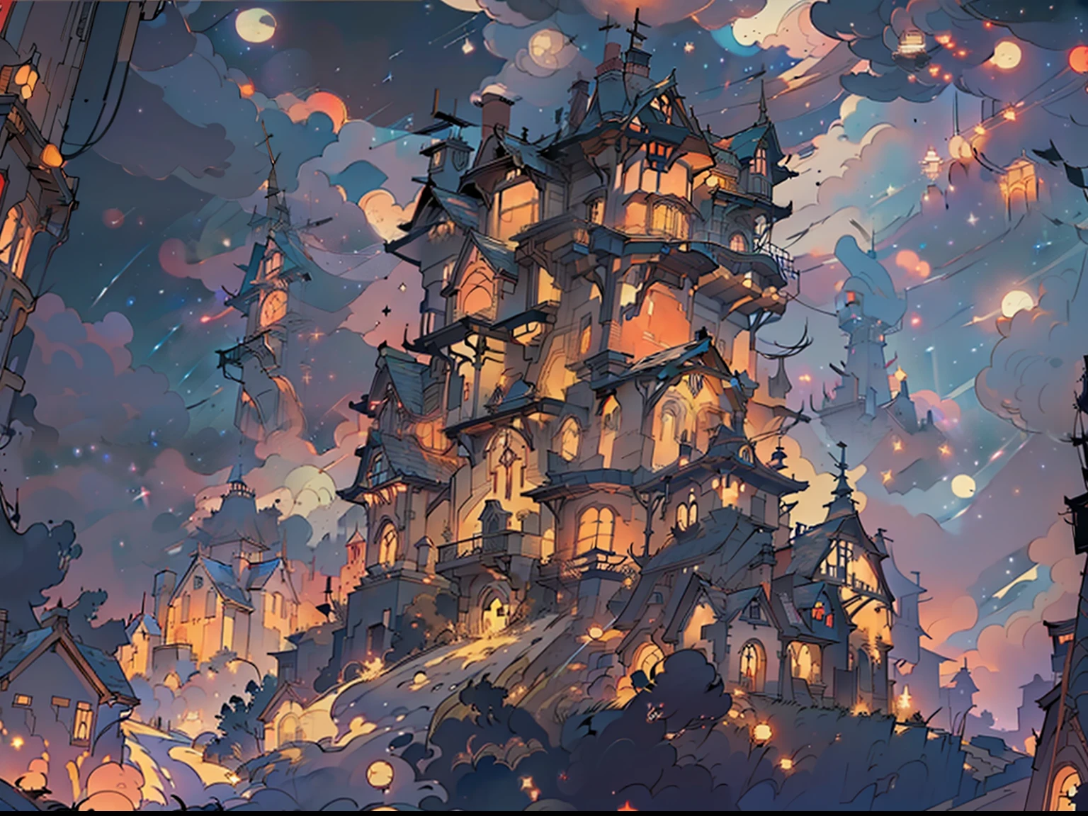 masterpiece, best quality, extremely details, gear, house, night sky, red lights, stars, universe, masterpiece, masterpiece, house, lightings, sci-fi, houses, town on the back, steam punk,