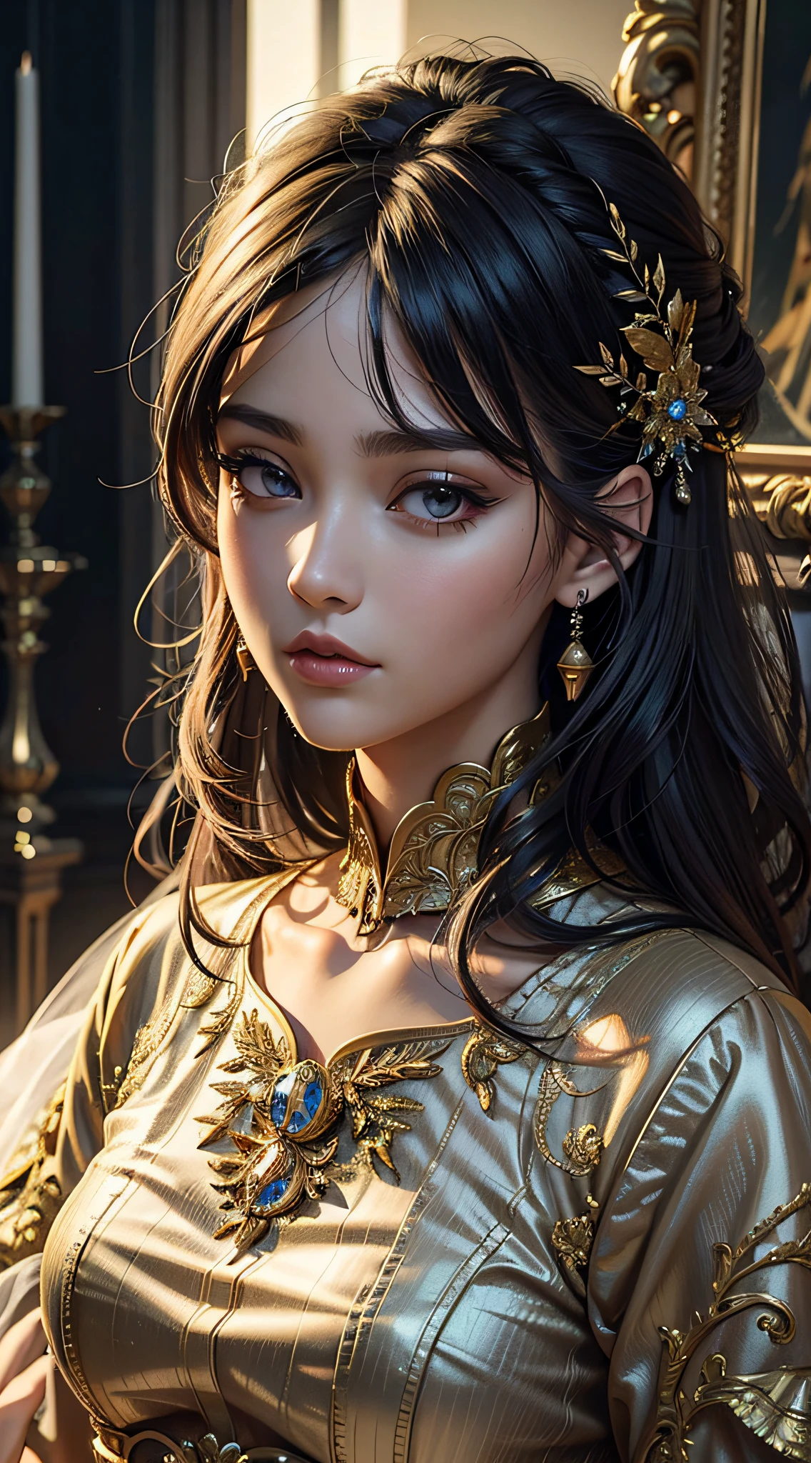 A woman in a golden dress，There is a golden flower stuck in his hair, By Li Song, Guviz-style artwork, 8K high quality detailed art, IG model | Art germ, by Yang J, detailed portrait of an anime girl, Palace ， A girl in Hanfu, intricate wlop, Beautiful character painting, beautiful fantasy art portrait