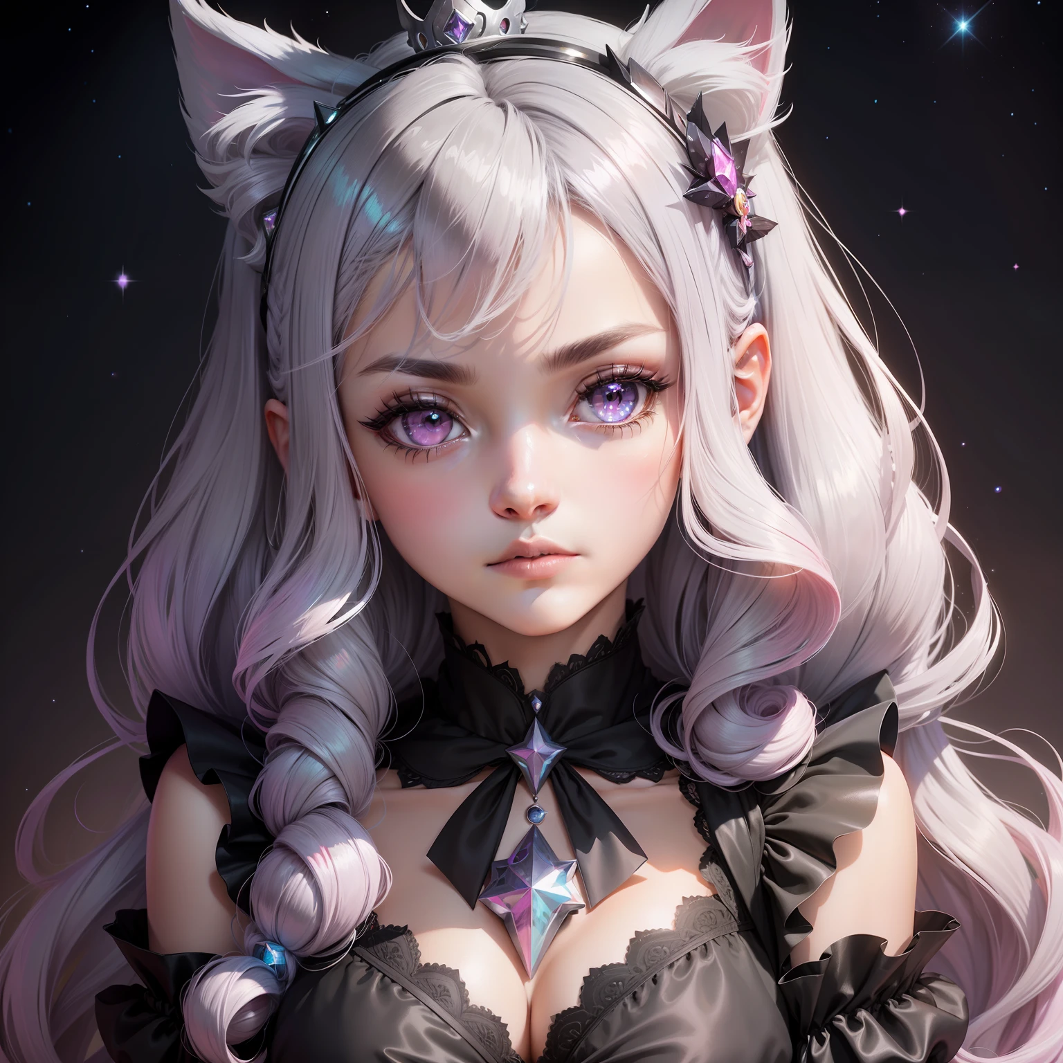 Black gray gradient hair girl，Day man，tiara crown，Star Guardian style，Innocent face，Pink cat，starryskybackground，Fibonacci，spectrum，The court is gorgeous，8K high-definition