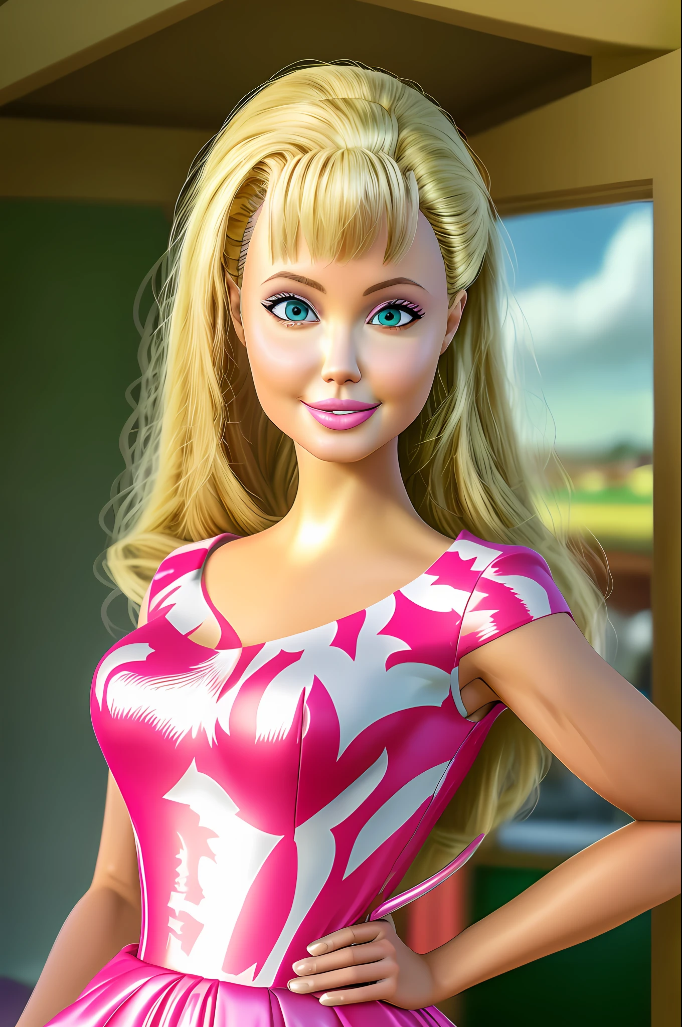 (masterpiece, best quality), highres, (8k, RAW photo, highest quality), (Angelina Jolie como Barbie), (Angelina Jolie face:1.2), Angelina Jolie, (blonde hair) , ultra-realistic, 3d, centered, (TS_Barbie), mid shot, (full body:1.2), a cartoon girl in PINK dress in the style of pixar, (perfect lighting and composition:1),soft lighting, (high detail, 8K resolution:1), hdr:0.7, detailed face, perfect, (dynamic), pose, (high quality:1.2), plastic skin, ((shiny:1.3)), smile, (depth of field:0.8), 50mm, film grain:0.7, fujifilmXT3, focus face, (sad:1.2), looking at viewer, detailed eyes, detailed face, floating particles, beautiful, light makeup, lipstick, (thick waist and thighs:0.6), amazing composition