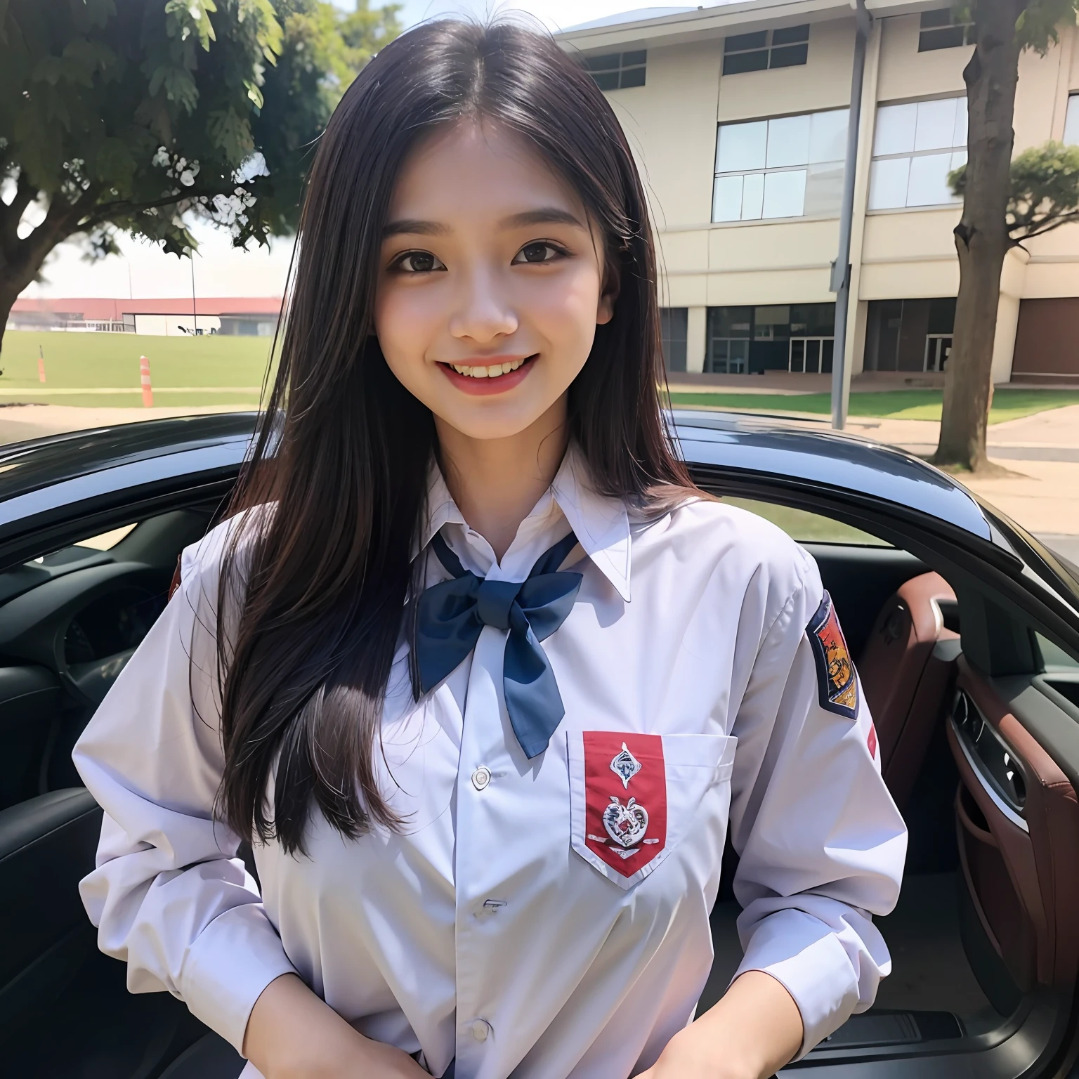 1girl, (indonesian highschool uniform long slavee), outdoors, detailed face, detailed eyes, large breasts, shiny skin, looking at the audience, (laughing cute: 1.2), (happy), (8k, RAW photo, best quality, masterpiece: 1.2), (realistic, realistic: 1.37), ultra-high resolution,