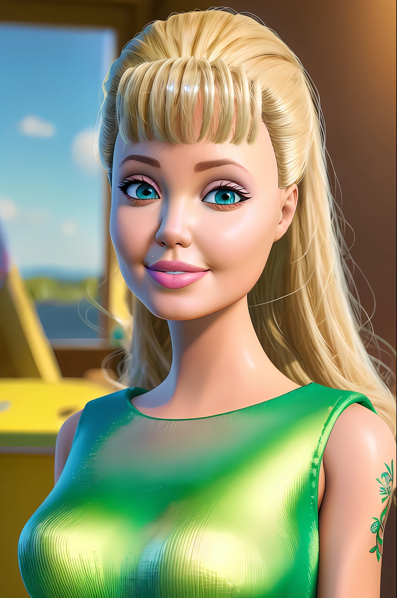 (masterpiece, best quality), highres, (8k, RAW photo, highest quality), (Angelina Jolie como Barbie), (Angelina Jolie face:1.2), Angelina Jolie, (blonde hair) , ultra-realistic, 3d, centered, (TS_Barbie), mid shot, (full body:1.2), a cartoon girl in PINK dress in the style of pixar, (perfect lighting and composition:1),soft lighting, (high detail, 8K resolution:1), hdr:0.7, detailed face, perfect, (dynamic), pose, (high quality:1.2), plastic skin, ((shiny:1.3)), smile, (depth of field:0.8), 50mm, film grain:0.7, fujifilmXT3, focus face, (sad:1.2), looking at viewer, detailed eyes, detailed face, floating particles, beautiful, light makeup, lipstick, (thick waist and thighs:0.6), amazing composition
