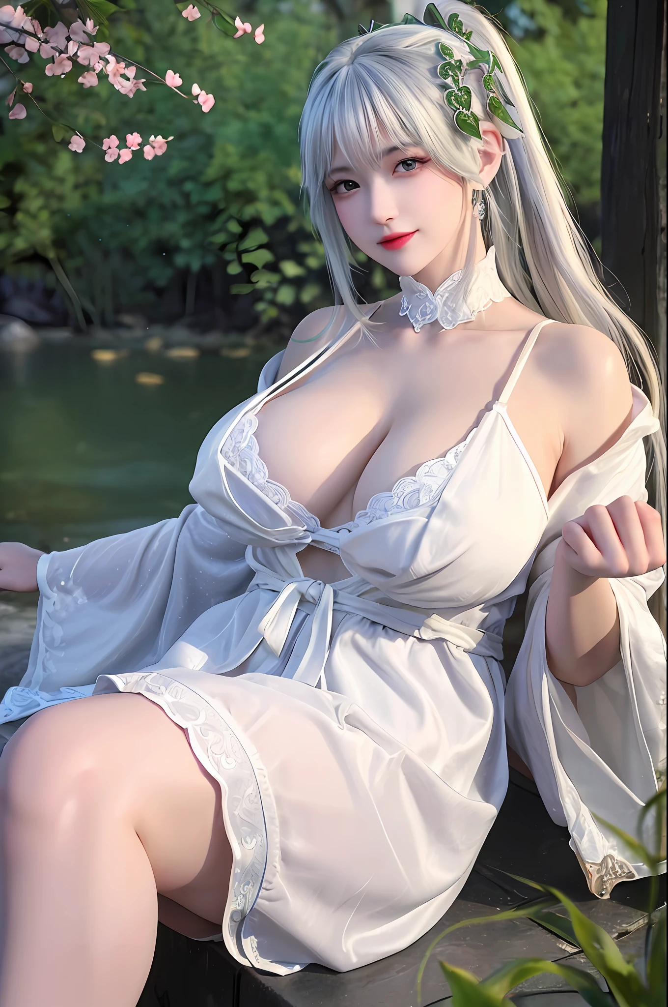 delicated best quality ,masterpiece, illustration, an extremely delicate and beautiful, extremely detailed ,CG ,unity ,8k wallpaper, Amazing, finely detail, masterpiece,best quality,official art,extremely detailed CG unity 8k wallpaper, absurdres, incredibly absurdres, huge filesize , ultra-detailed, highres, extremely detailed,beautiful detailed girl, extremely detailed eyes and face, beautiful detailed eyes,light on face,1girl, (Nahida/genshin impact), (Super realistic), (((white hair))), (ponytail tied high to one side), (green eyes), (Detailed description of the eye), ((hair jewelry)), (((describe the arm in detail))), ((charming lingerie)), (((Super boobs))), (saggy breasts), ((giant breasts)), ((milk cow's udder), ((Big ass)), ((thighs)), ((Plump body)), (Big breasts), ((armpit)), ((Plump boobs)),, (detailed description of hair), jewelry, (gem earrings), ((upper body)), (Bare shoulder), ((collarbone)), ((off shoulder)), (Shiny skin), (Detailed description of eyes), (detailed description of face), (detailed description of body), (white and translucent skin), peerless beauty, (extreme beauty), (red lips), (shy ), ( smile), (facing the viewer), ((facing)), (((cherry blossom))), (falling petal), (lace nightgown), (lace underwear), (sexy lingerie), ((long sleeves)), (revealing clothes), ((wide sleeves)), (thin silk), (penetration), (guweiz style artwork), (Lying on the shore of a lake full of cherry blossom), (She sits gracefully by the tranquil cherry blossom lake, her feet playing in the water, bathed in the soft glow of the moonlight), the water surface is reflective, ahegao, (lewdness), (every sexy pose), ((There is a lot of water on the body))