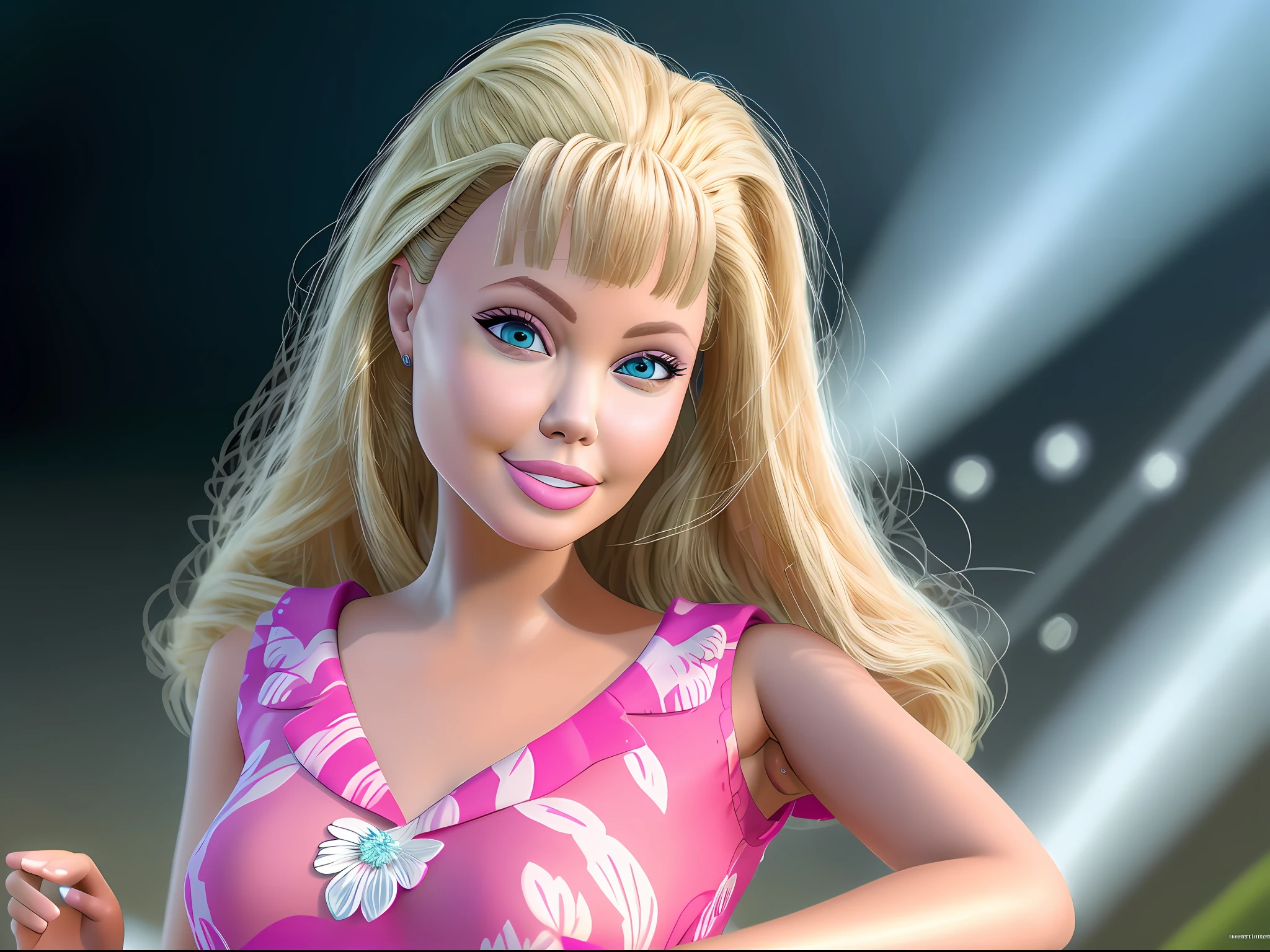 (masterpiece, best quality), highres, (8k, RAW photo, highest quality), (Angelina Jolie como Barbie), (Angelina Jolie face:1.2), Angelina Jolie, (blonde hair) , ultra-realistic, 3d, centered, (TS_Barbie), mid shot, (full body:1.2), a cartoon girl in PINK dress in the style of pixar, (perfect lighting and composition:1),soft lighting, (high detail, 8K resolution:1), hdr:0.7, detailed face, perfect, (dynamic), pose, (high quality:1.2), plastic skin, ((shiny:1.3)), smile, (depth of field:0.8), 50mm, film grain:0.7, fujifilmXT3, focus face, (sad:1.2), looking at viewer, detailed eyes, detailed face, floating particles, beautiful, light makeup, lipstick, (thick waist and thighs:0.6), amazing composition